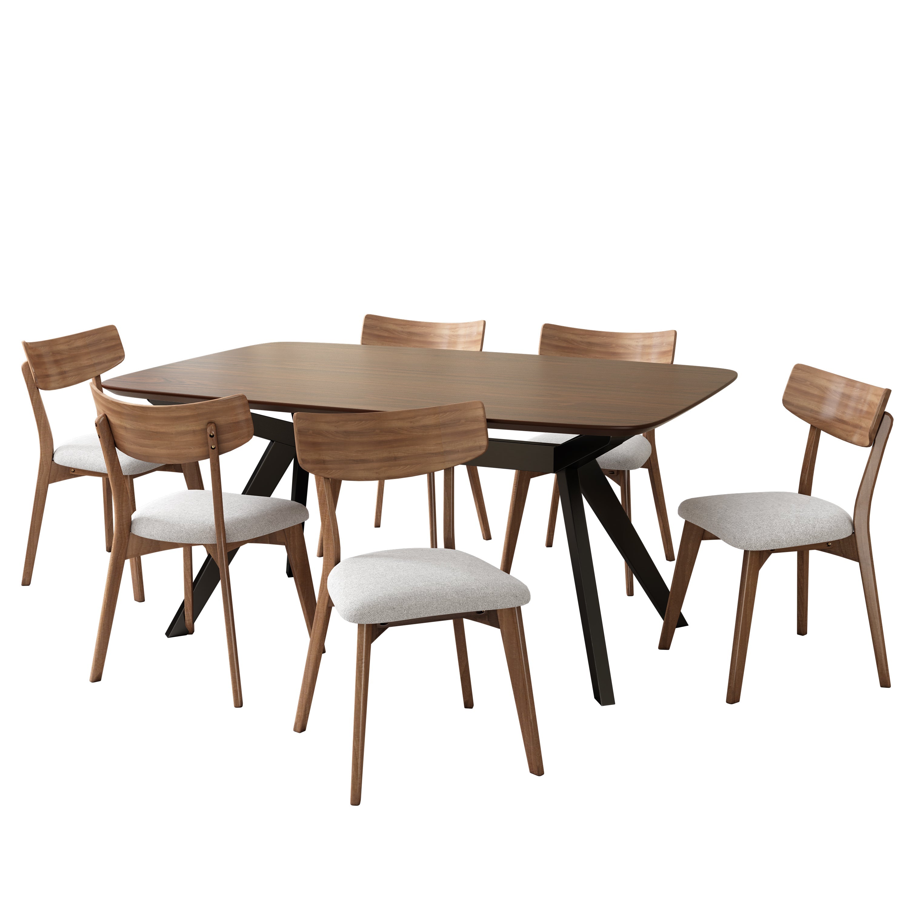 7-Pieces Upholstered Dining Set With Rubberwood Frame, Light Beige + Walnut + Black