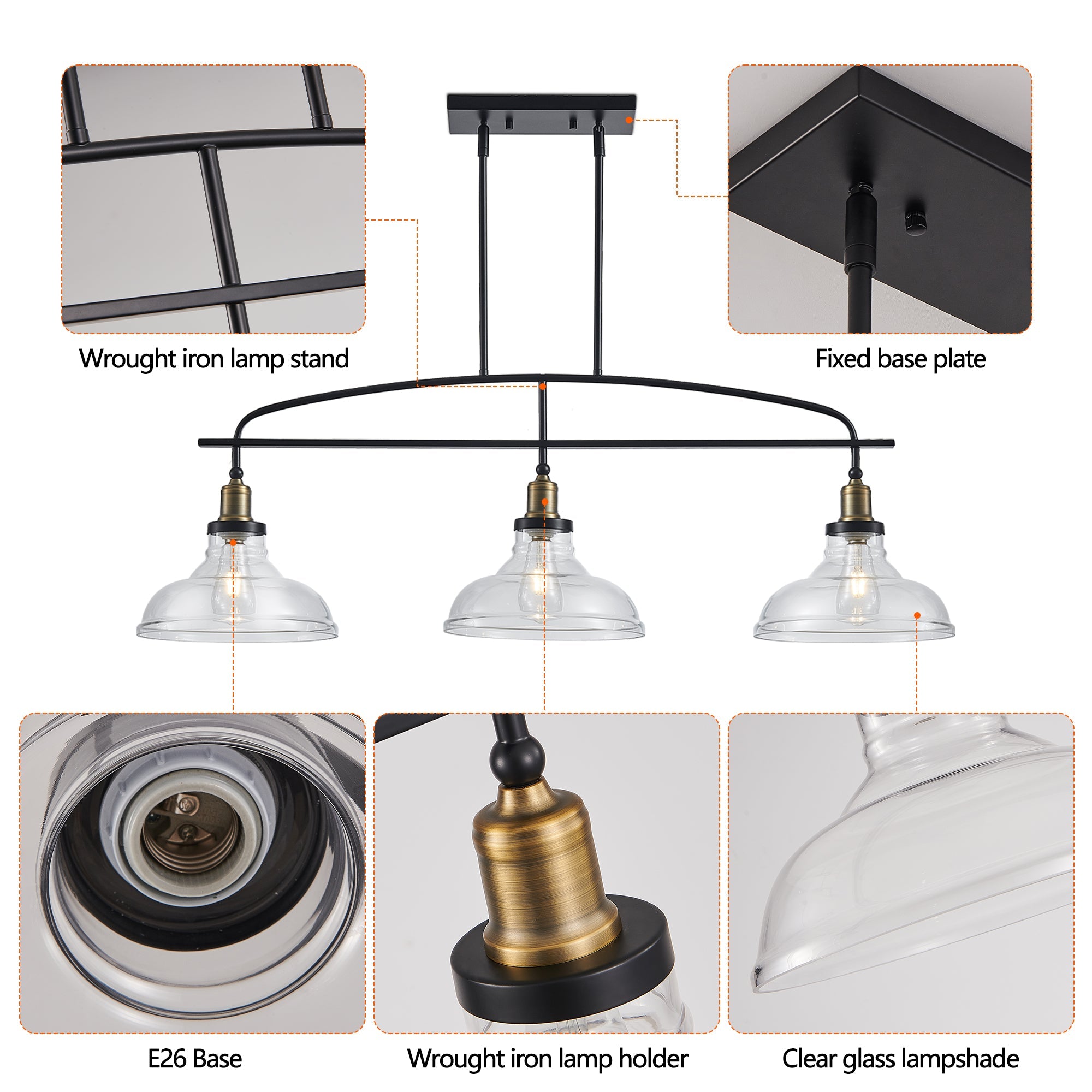 Industrial 3-Light Pendant Chandelier with Clear Glass Shades