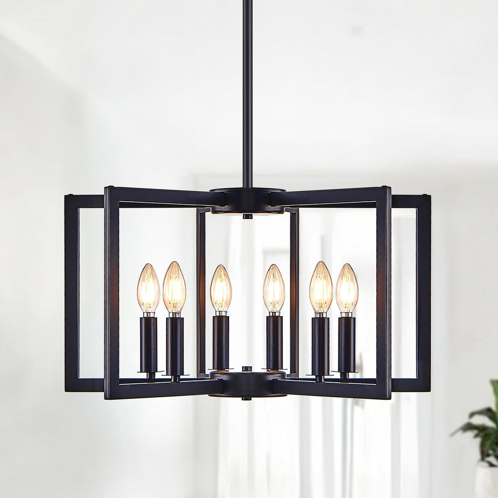 22' Modern Black Geometric 6-Light Chandelier – Industrial Metal Pendant Light Fixture for Living Room, Dining Room, or Kitchen (Bulb Not Included)