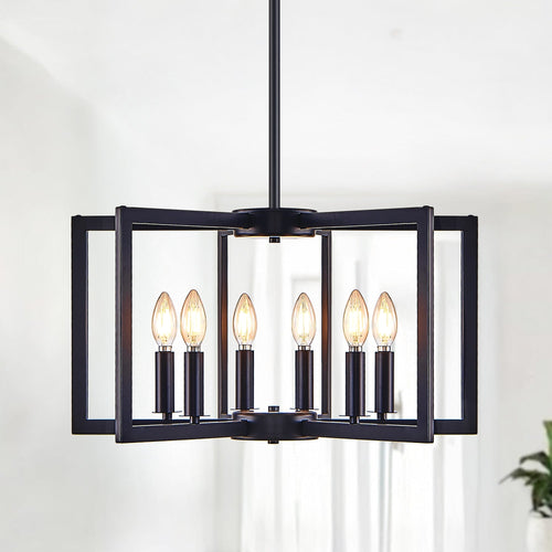 22' Modern Black Geometric 6-Light Chandelier – Industrial Metal Pendant Light Fixture for Living Room, Dining Room, or Kitchen (Bulb Not Included)