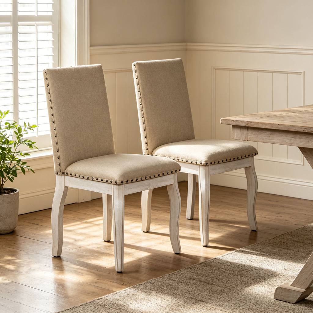 TREXM Set of 2 Dining Chairs - Wood Upholstered with Nailhead