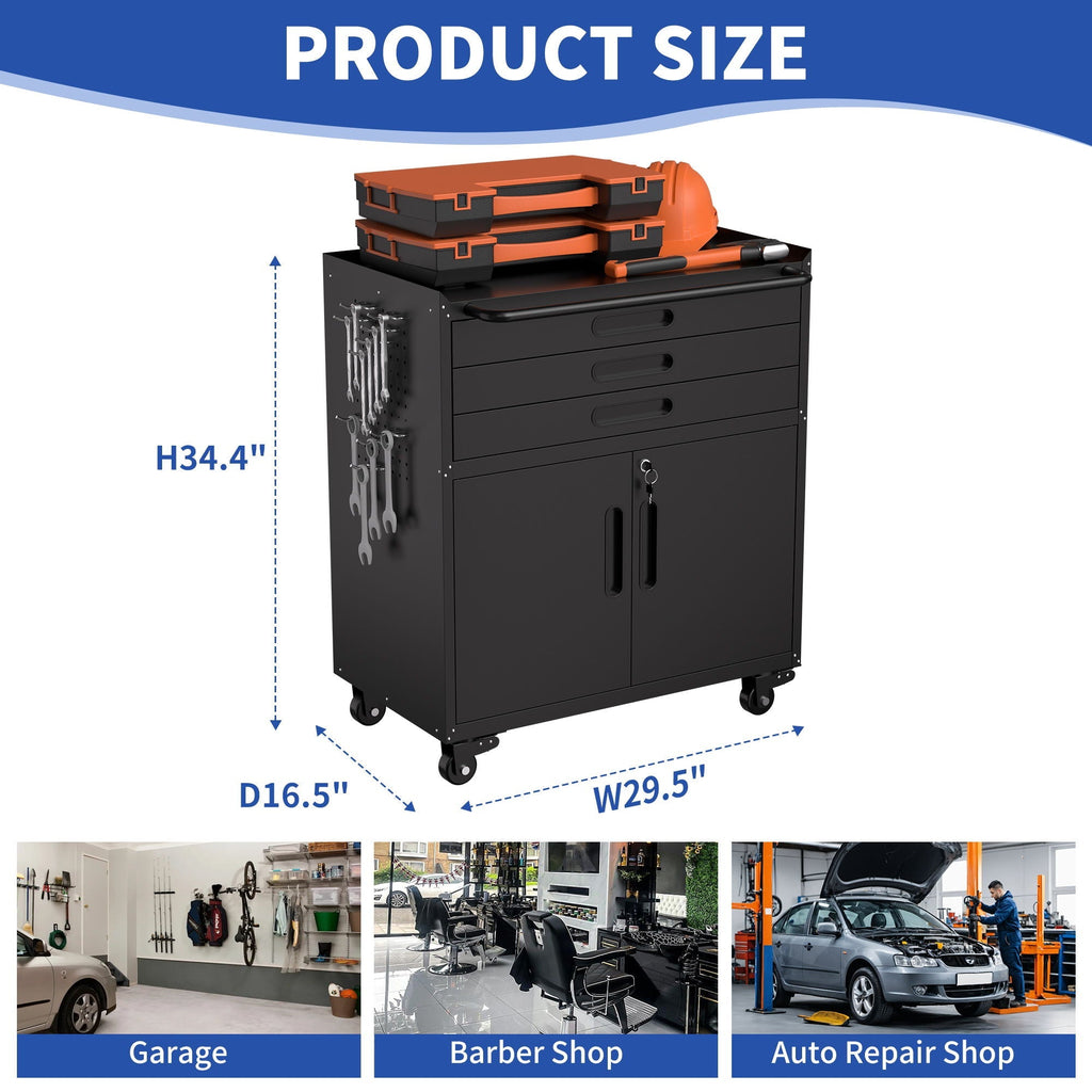 Rolling Tool Cabinet Heavy Duty Garage Storage With Lockable Doors & Drawers
