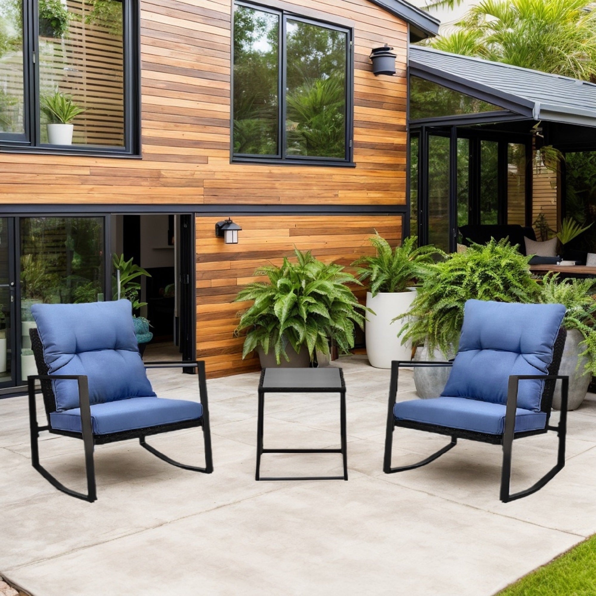 3 Pieces Patio Bistro Set Outdoor Rocking Chair with Blue Cushion for Yard Garden Poolside