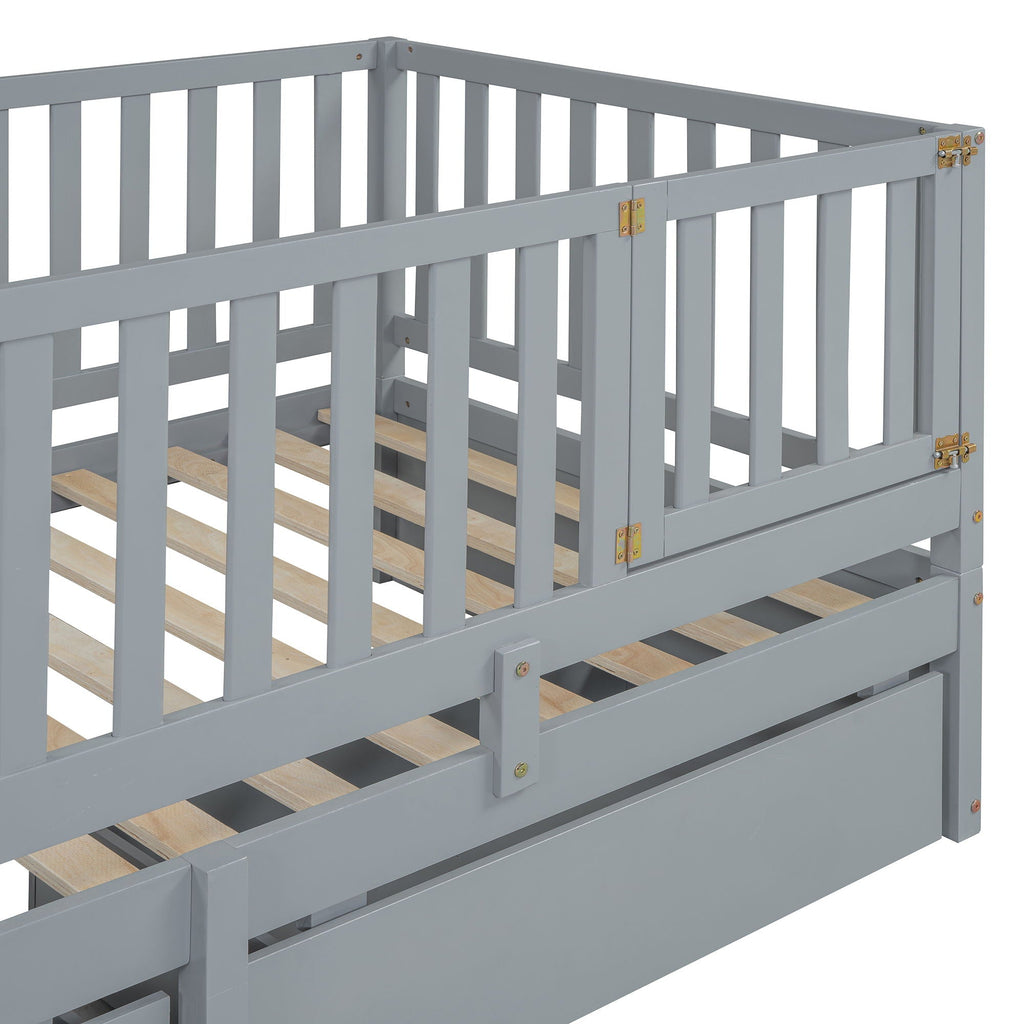 Daybed With Fence Guardrails And 2 Drawers, Split Into Independent Floor Bed & Daybed