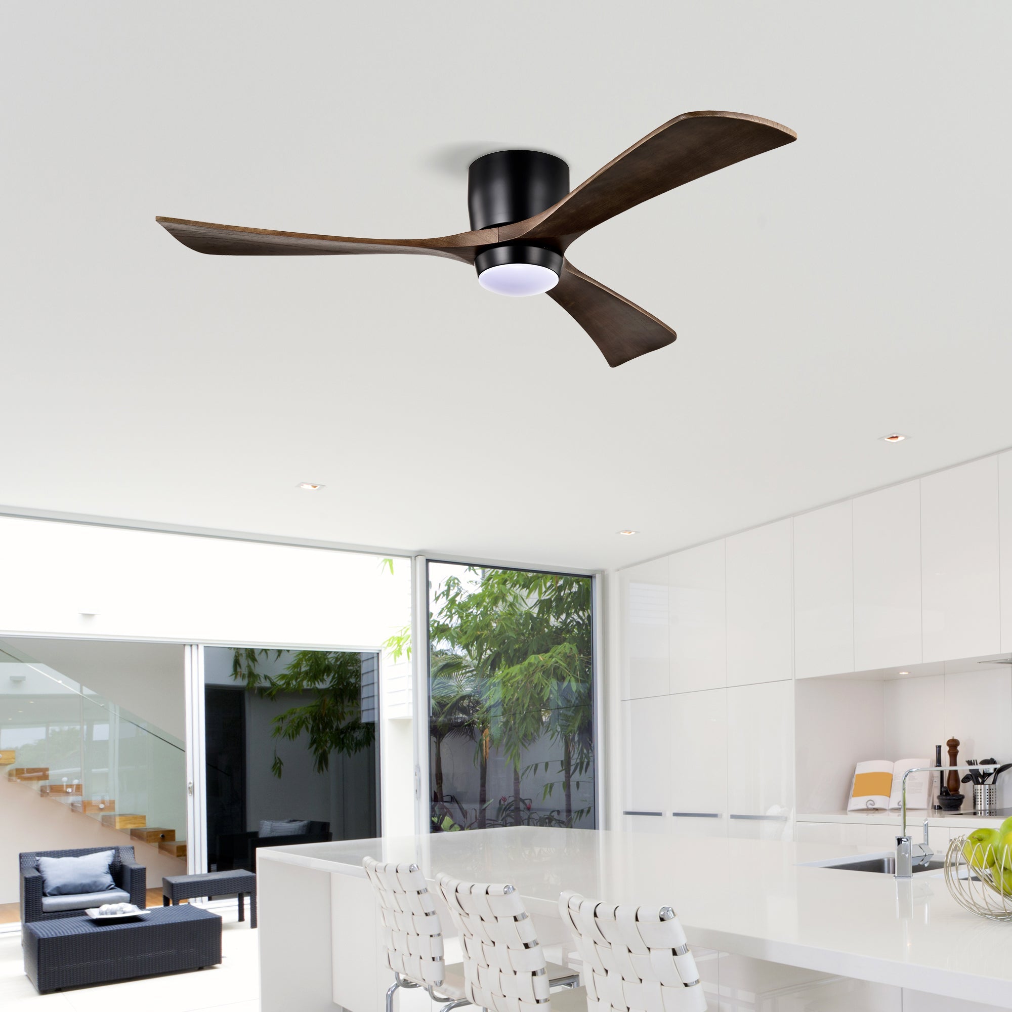 52" Flush Mount Solid Wood Blades Ceiling Fan with Lights Remote Control