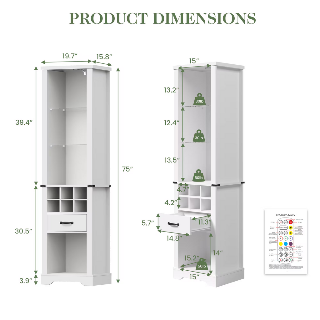 75'' Tall Storage Cabinet with LED Light, Farmhouse Style