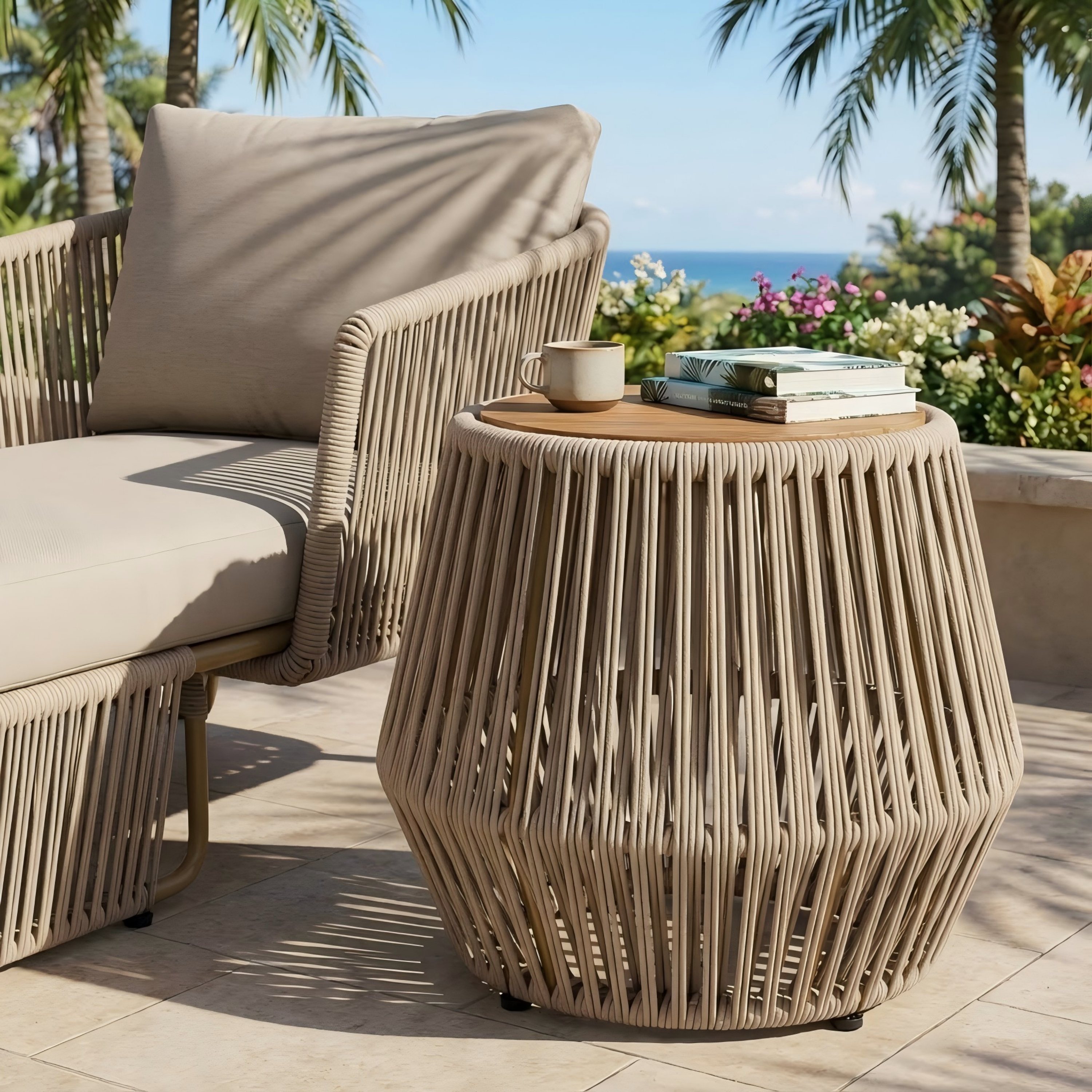 Acacia Wood Side Table with Beige Rope Base