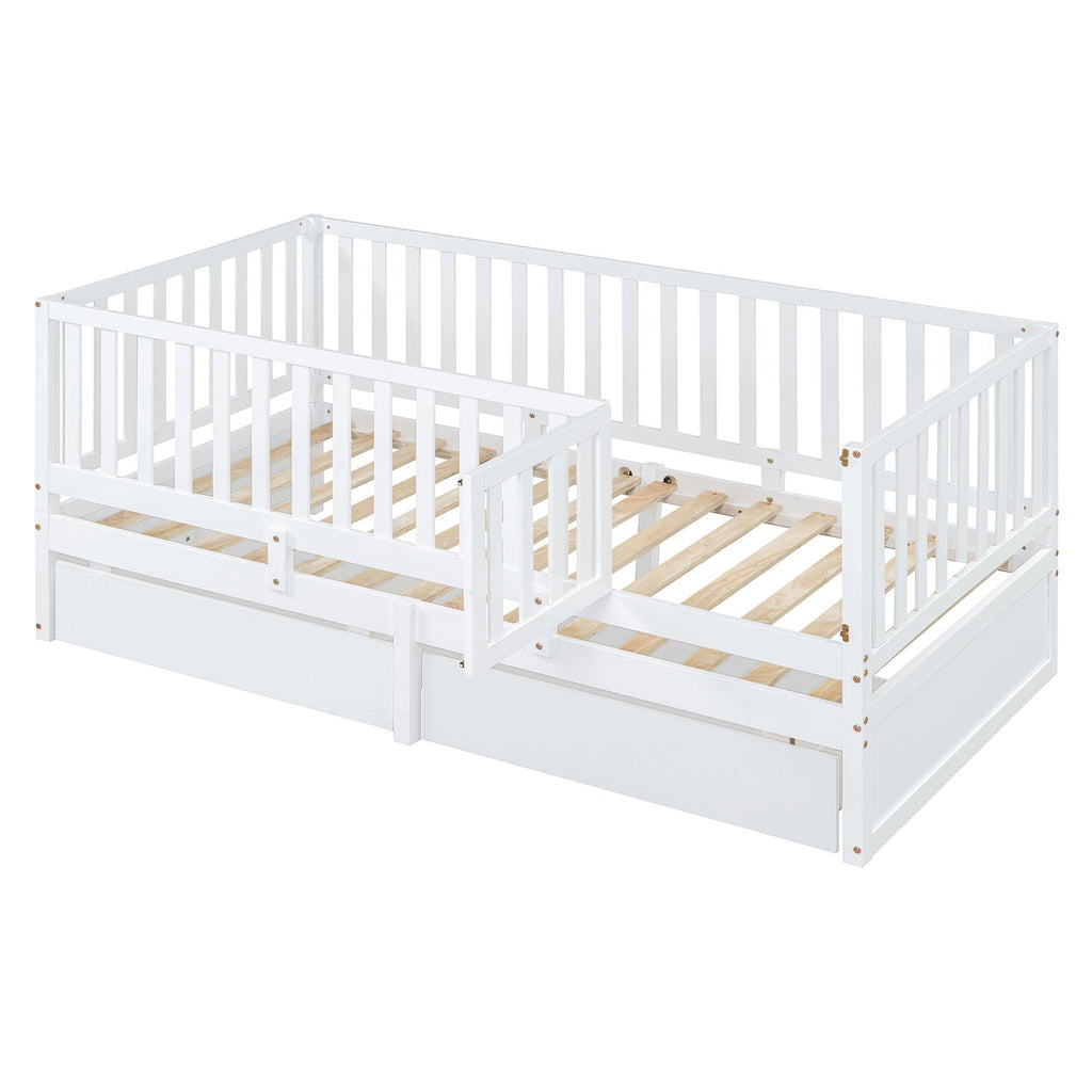 Daybed With Fence Guardrails And 2 Drawers, Split Into Independent Floor Bed & Daybed