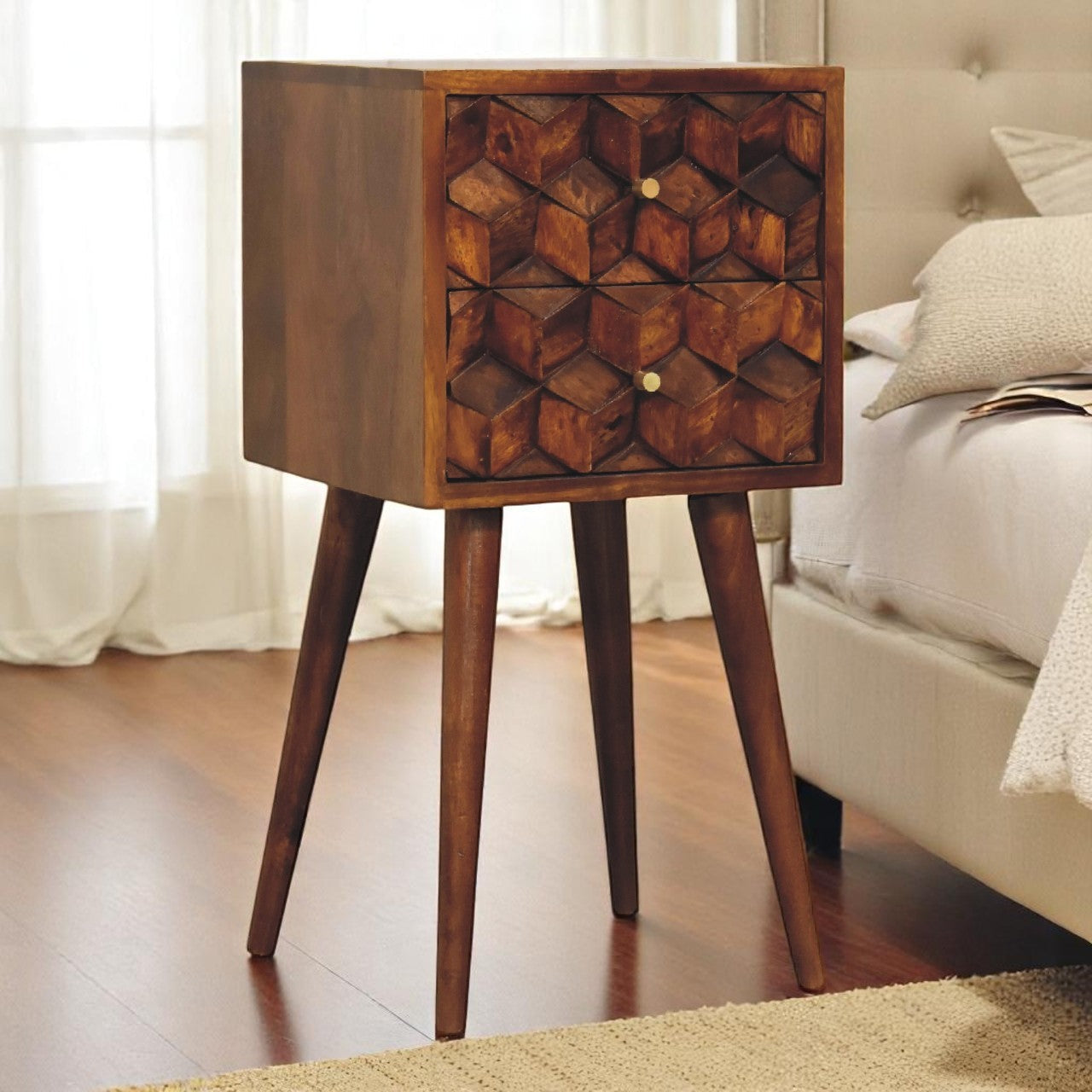 Solid Wood Mini Cube Nightstand, 2-Drawers, Chestnut