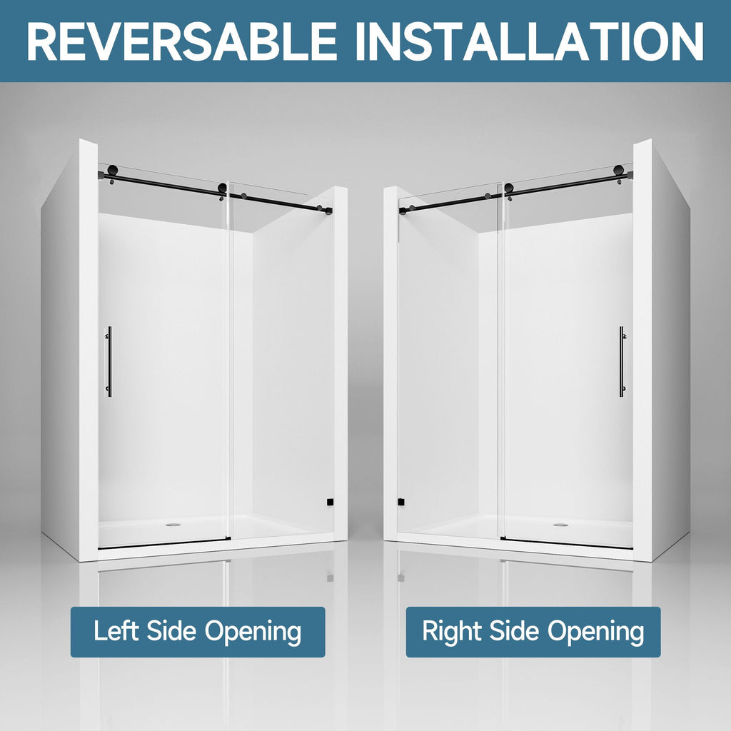 Frameless Single Sliding Soft Close Shower Door, 5 / 16" Clear Nano Coated Tempered Glass And 304 Stainless Steel Handle - Matte Black