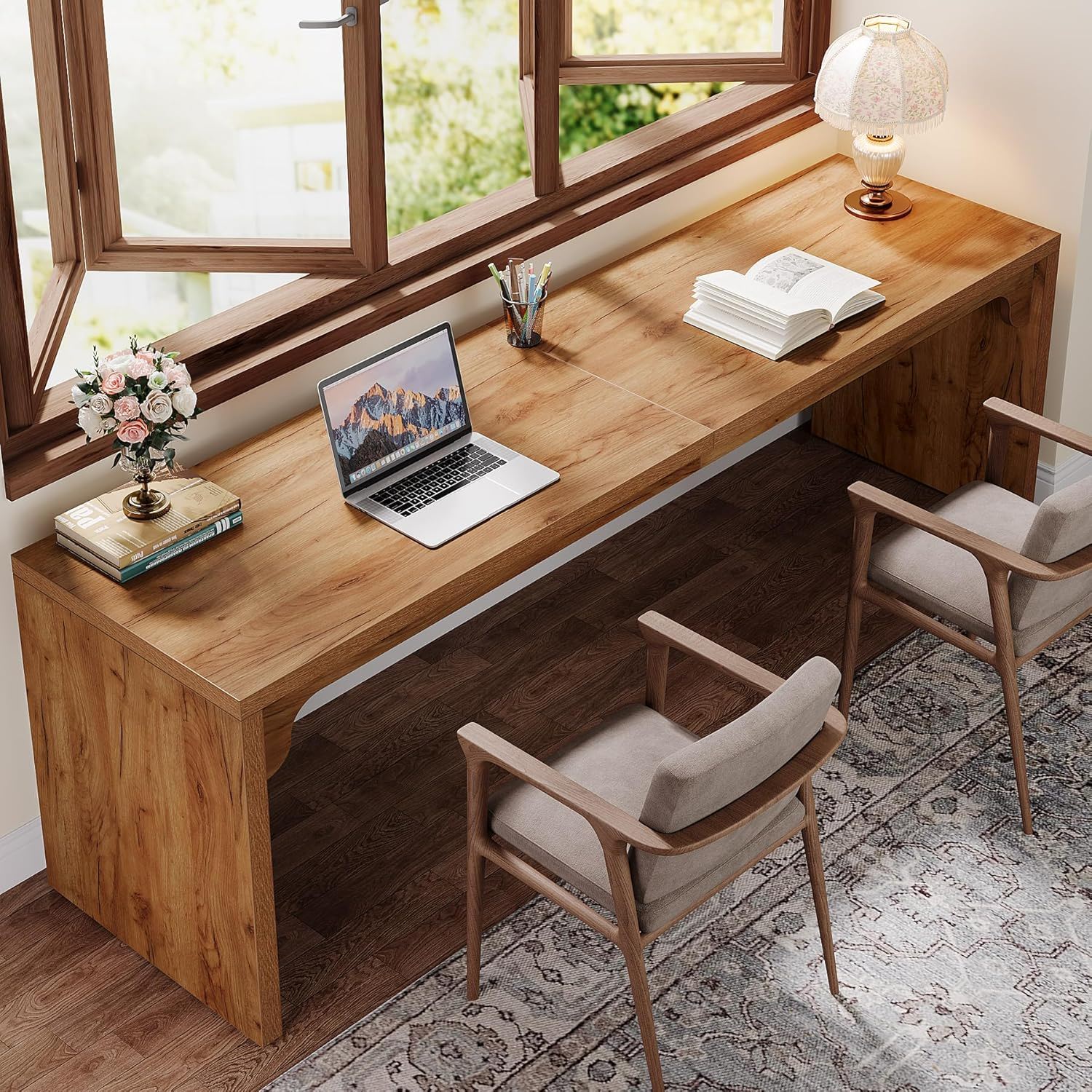 Extra Long 2 Person Computer Desk, Large Workstation - Brown