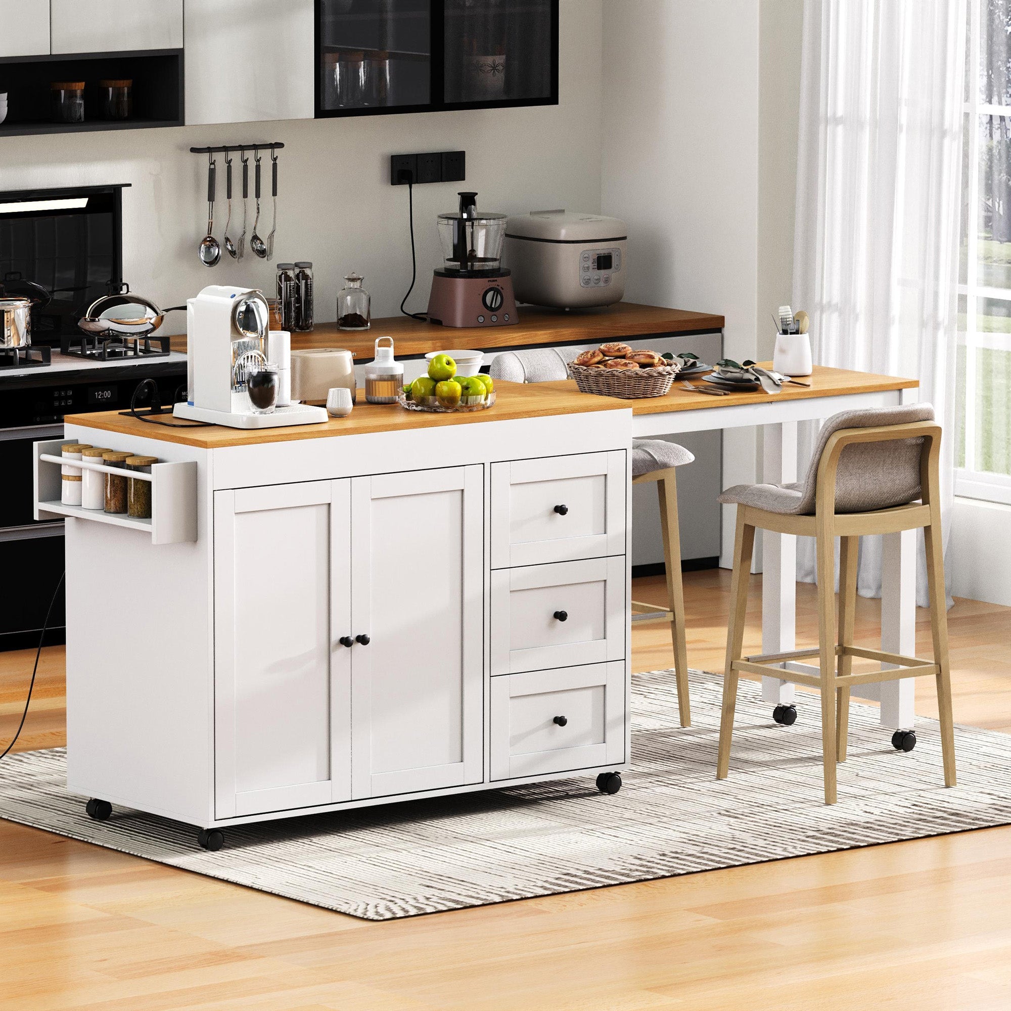 K&K 74.8" Kitchen Island with Extendable Dining Table
