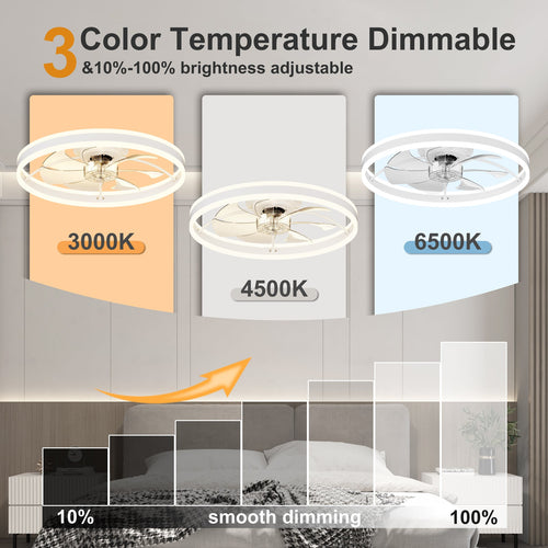23.6 Inch Ceiling Fan with Light, Quiet DC Motor, Dimmable 3-Color LED