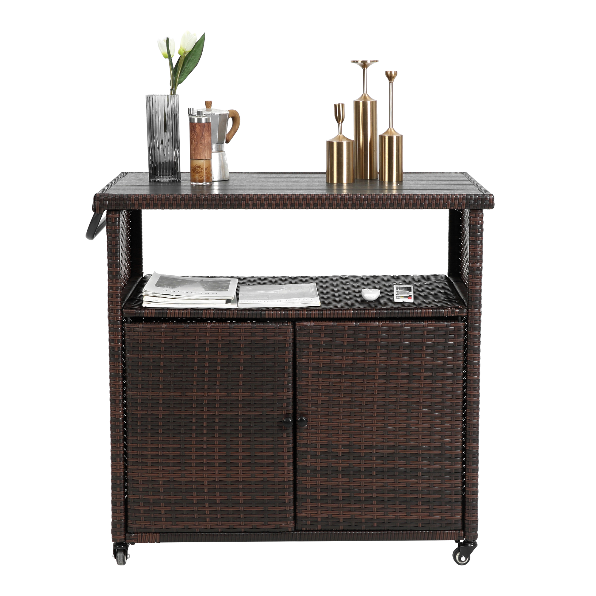 Outdoor Wicker Bar Cart with Glass Top and Wheels - Light Brown