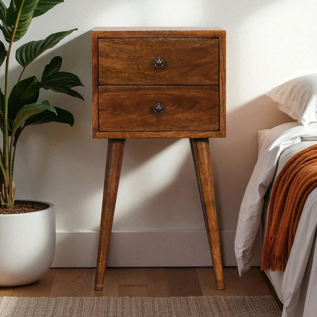 Solid Wood Mini Nightstand, 2-Drawers, Chestnut