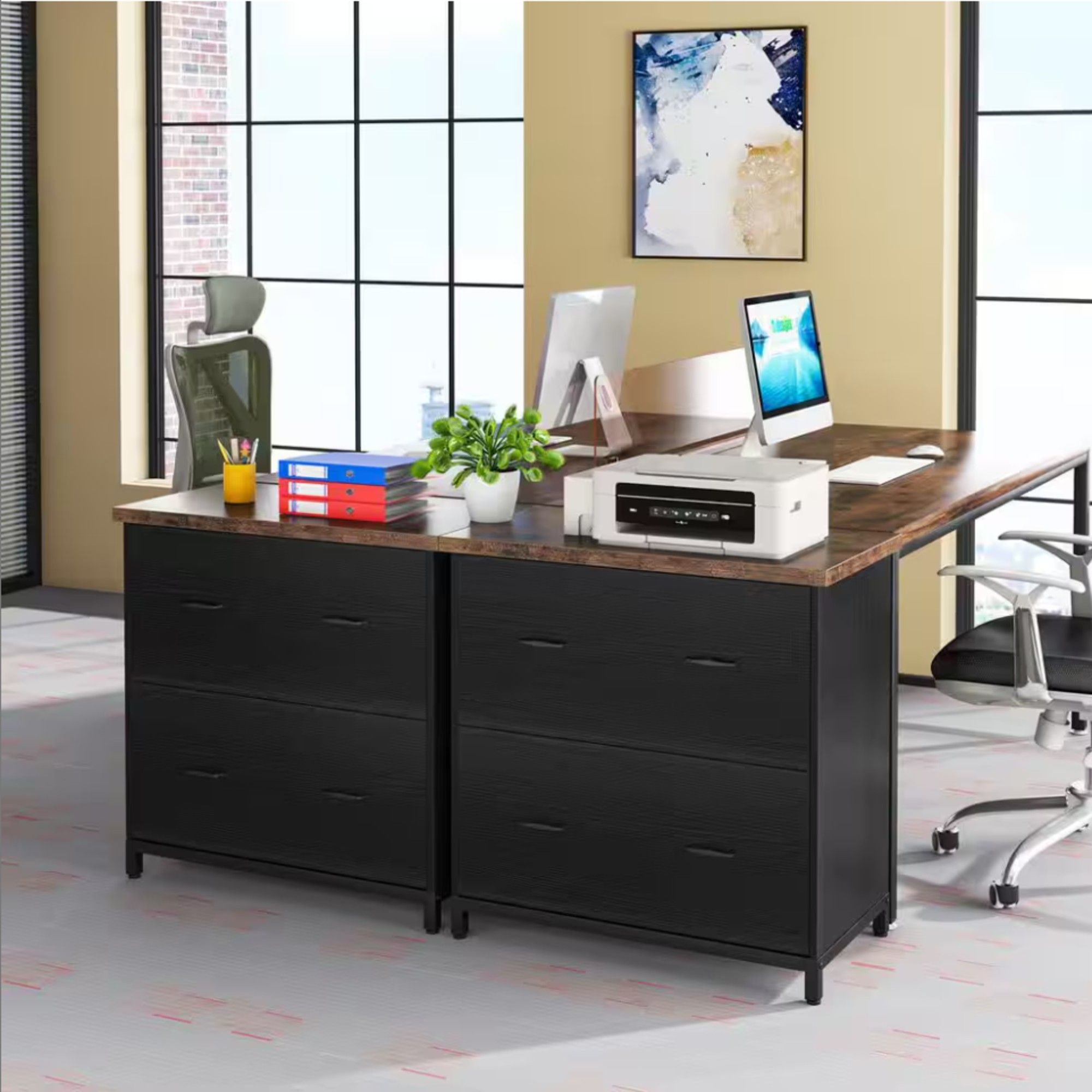 2 Drawer Lateral File Cabinet, A4 / Letter Size, Heavy Duty Storage For Home Office - Brown / Black