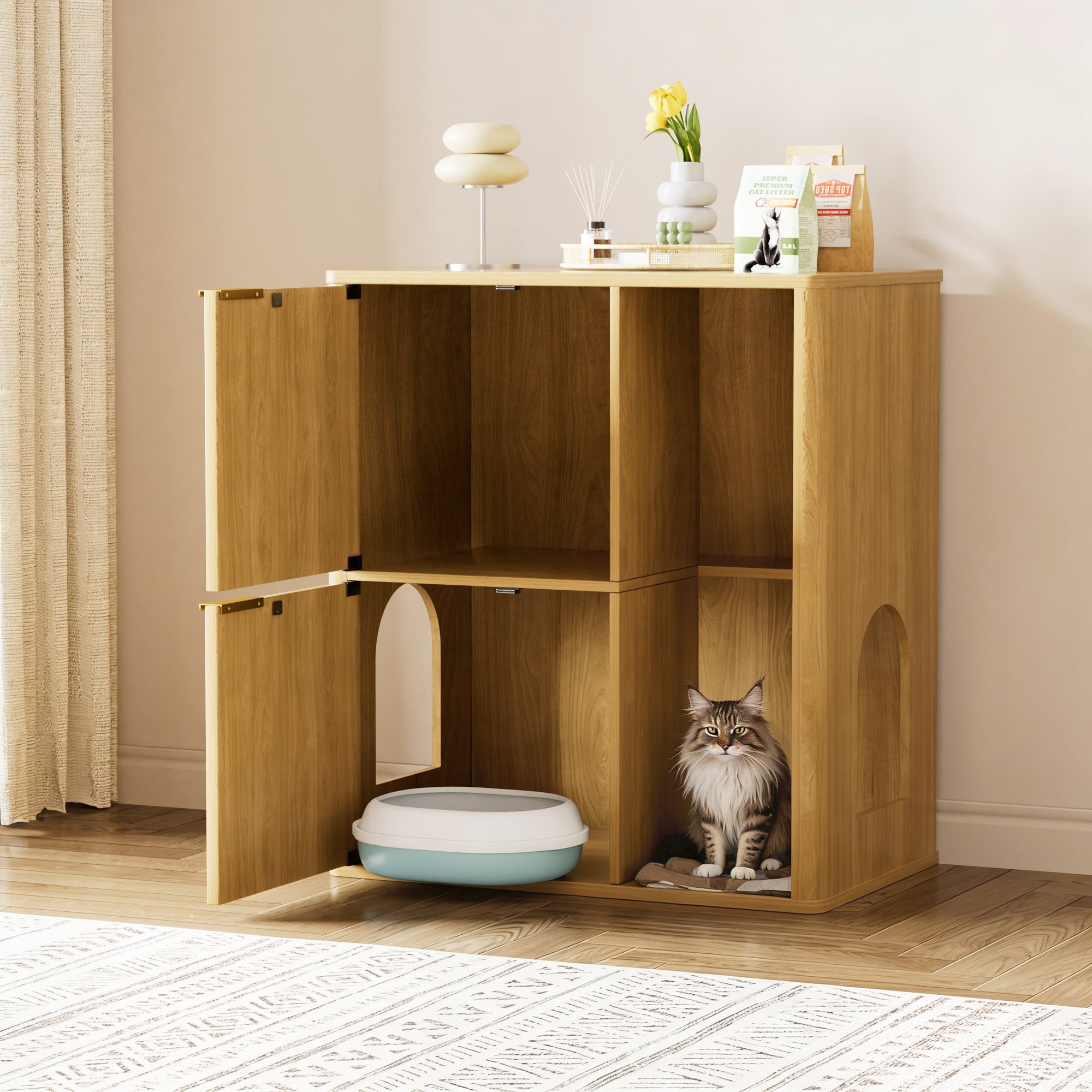 31.5-inch Light Wood Cat Litter Cabinet with Cat Tree
