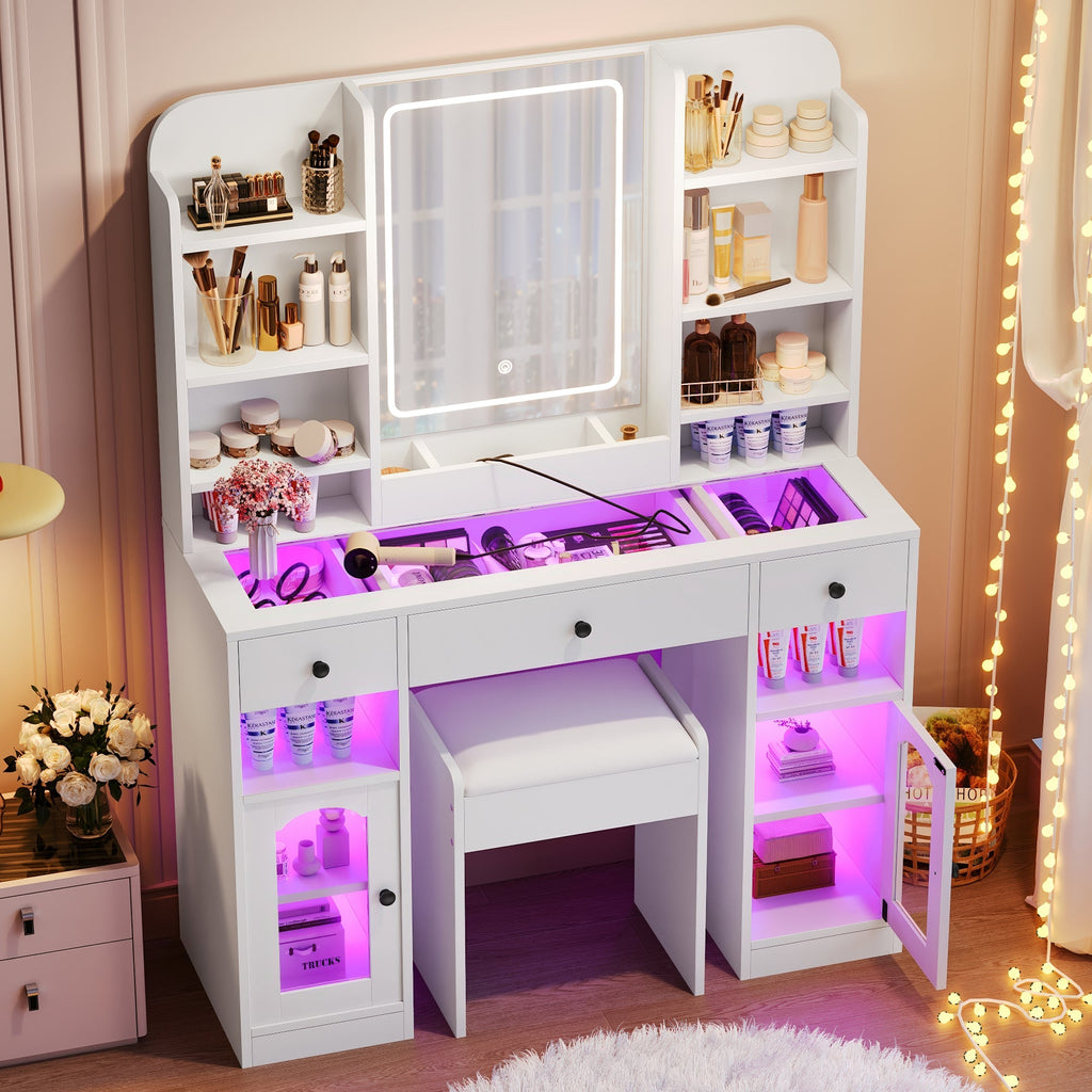 43.2" Vanity Desk with LED Mirror and Lights