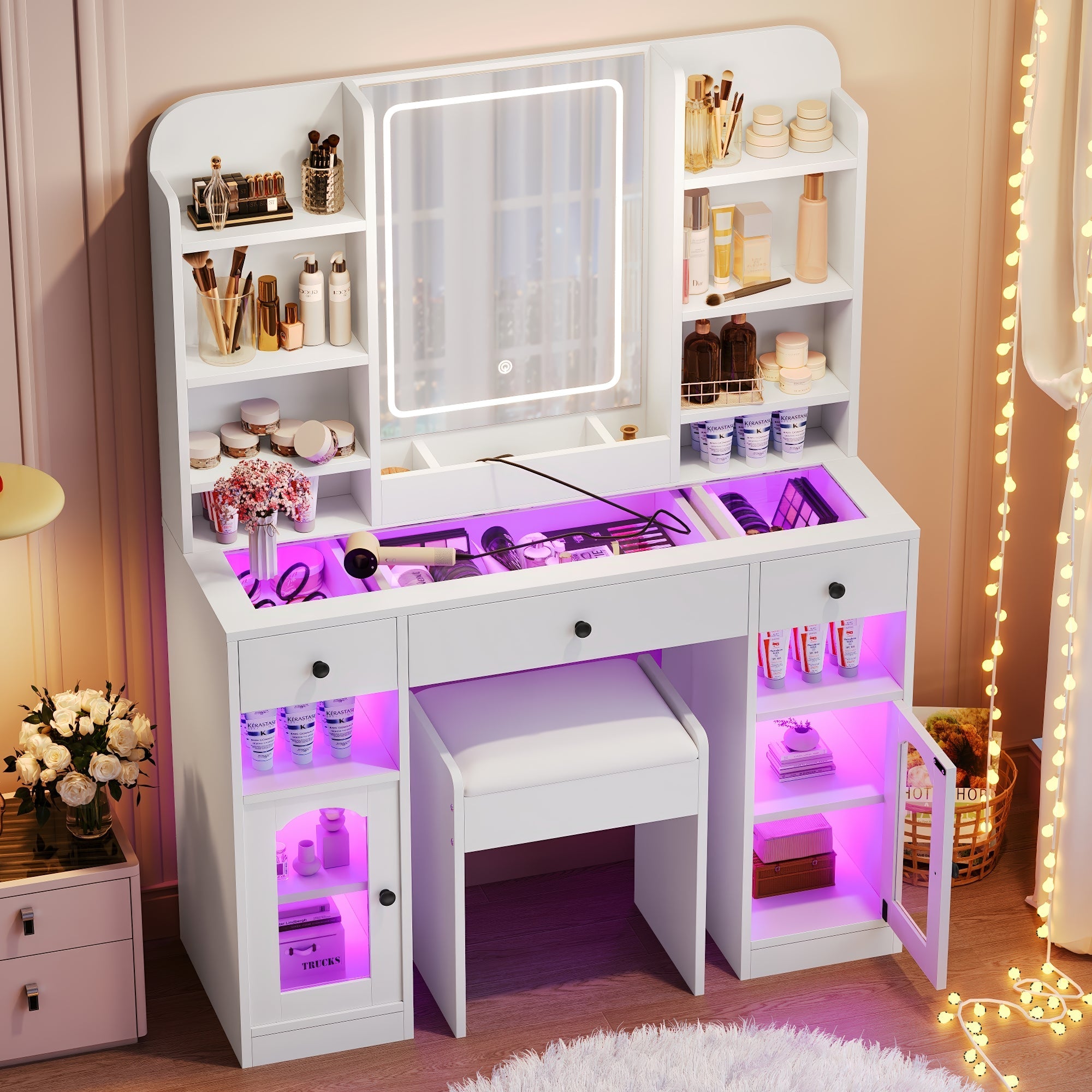 43.2" Vanity Desk with LED Mirror and Lights