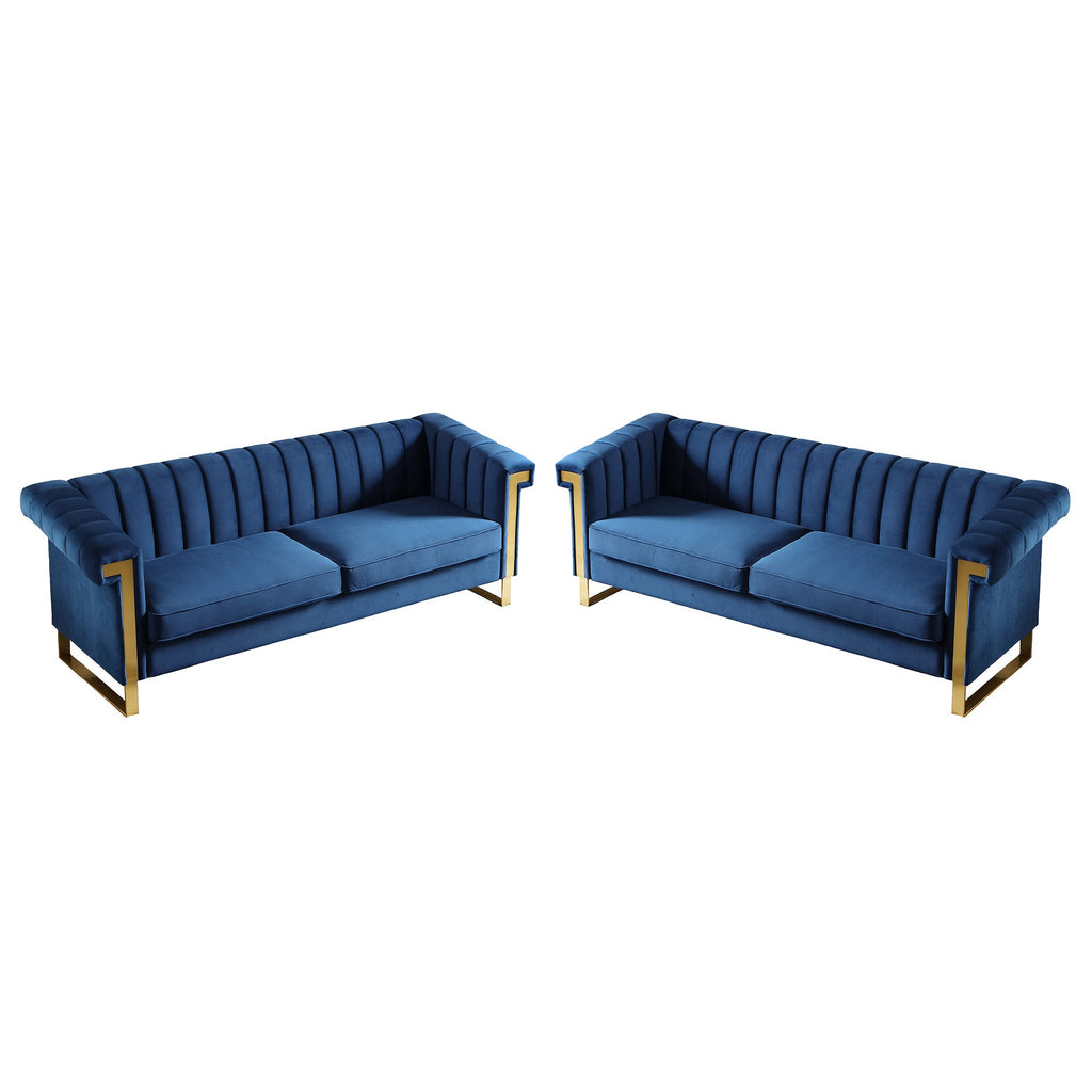 Vintage Blue Velvet 2 Piece Sofa Set