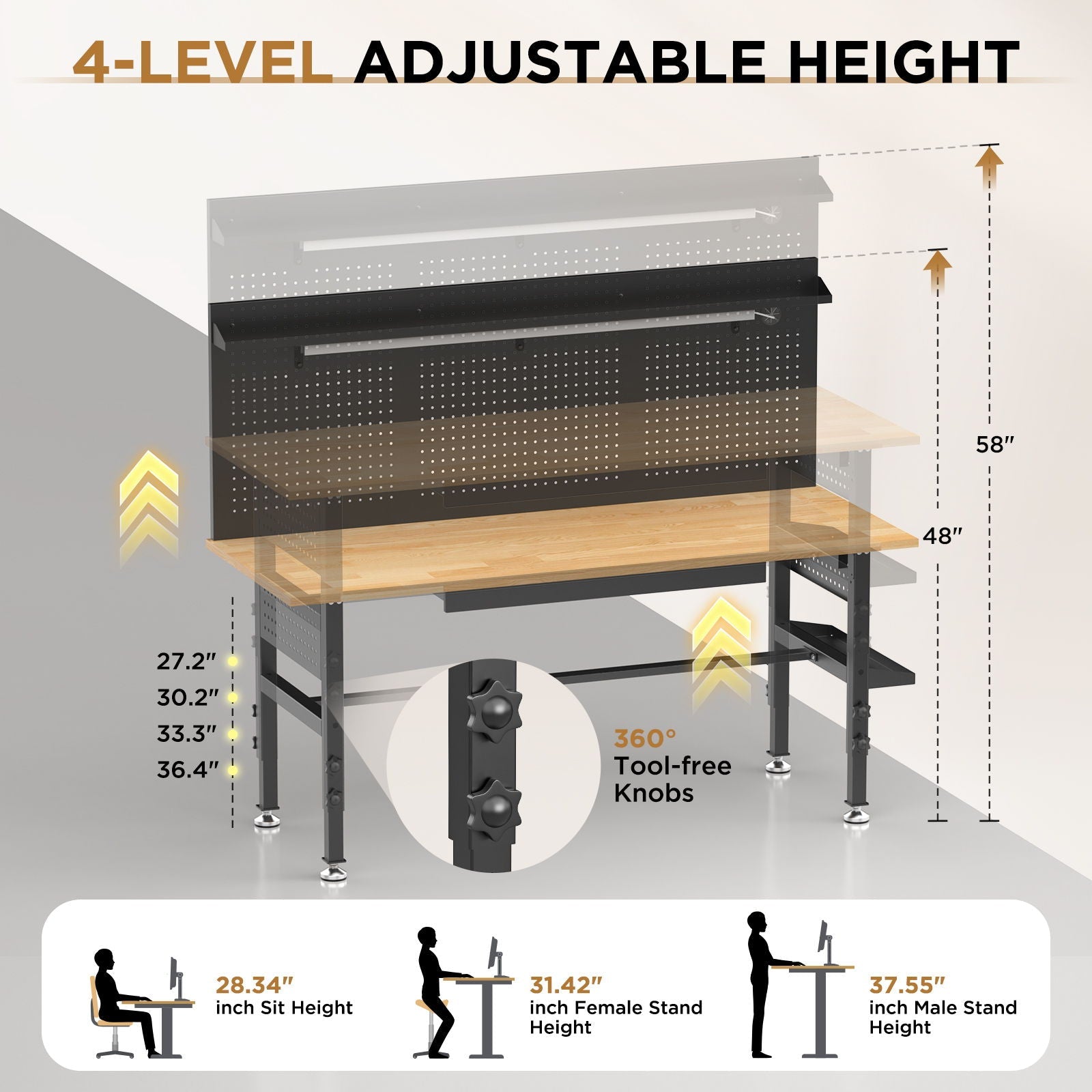 Adjustable Height Workbench, Includes Drawers, Power Outlet, LED Light, Wheels Or Leveling Feet - Black