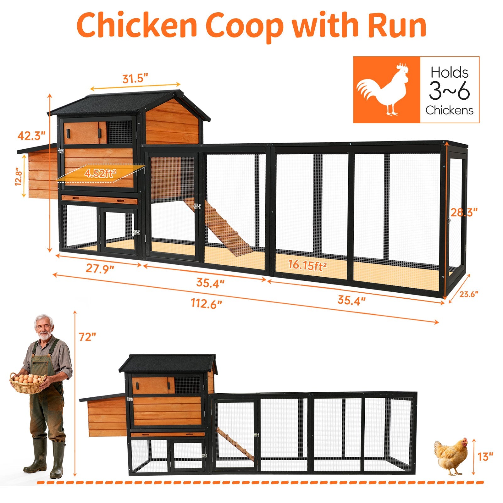 Large Brown and Black Wooden Chicken Coop