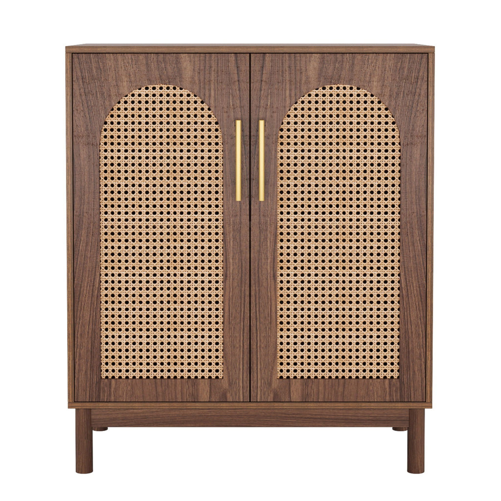 Sideboard Buffet Cabinet With Handwoven Rattan Doors (Set of 2) - Dark Brown