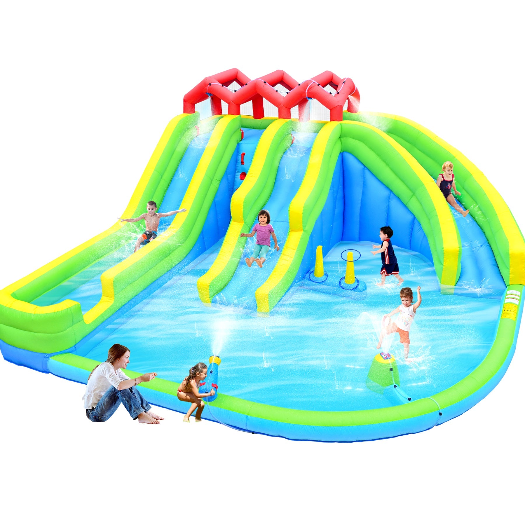 7-in-1 Inflatable Water Park Three Slide with Blower and Climbing Wall for Children
