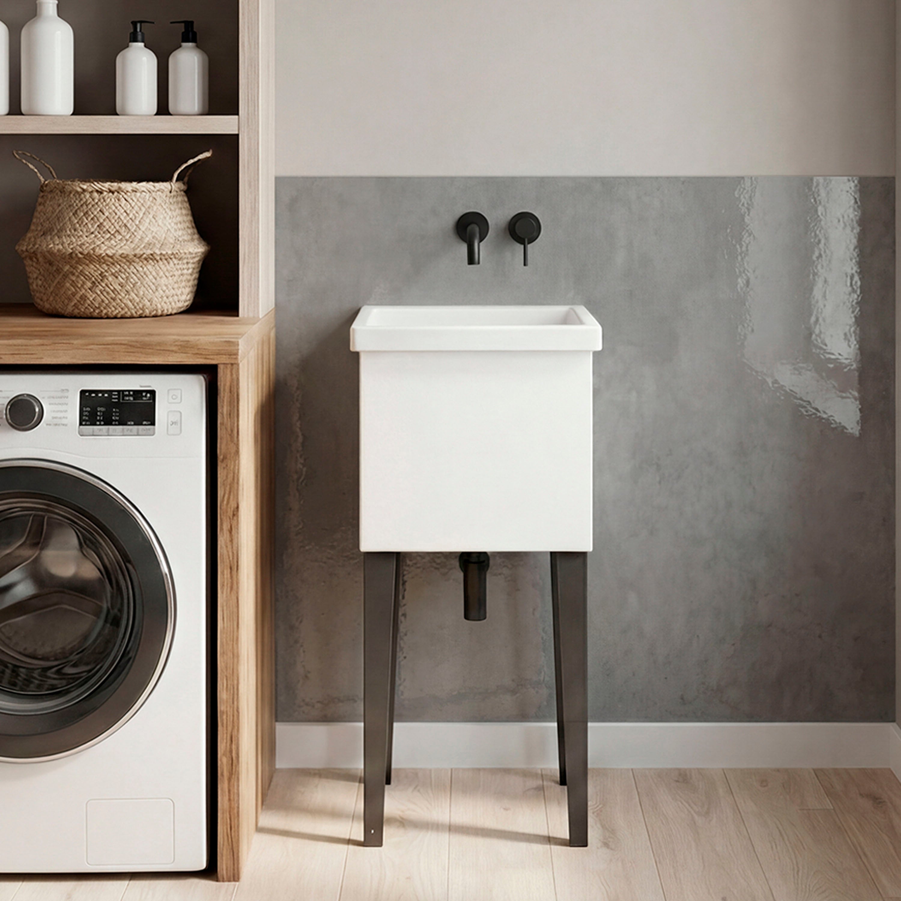 Bari Freestanding Plastic Laundry Utility Sink with Storage Cabinet
