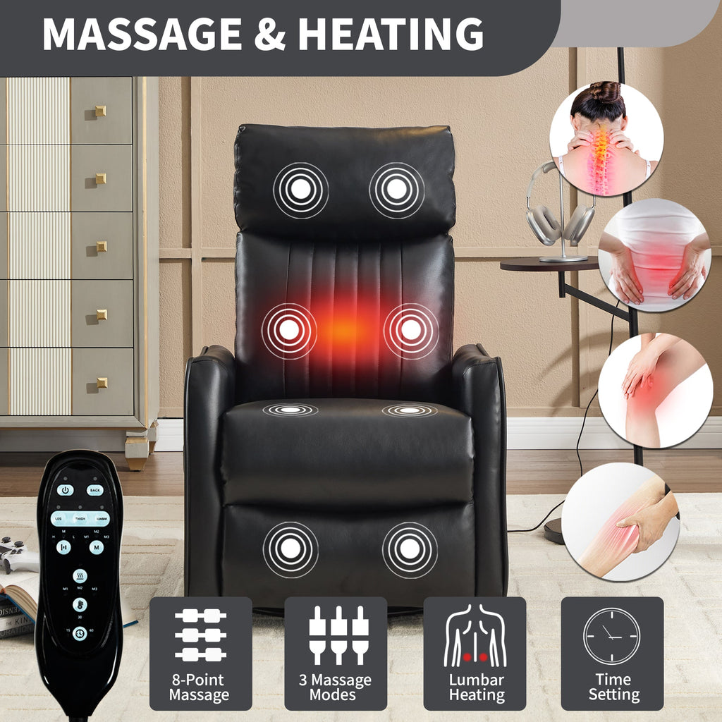 Black Faux Leather Heat Massage Manual Recliner Chair