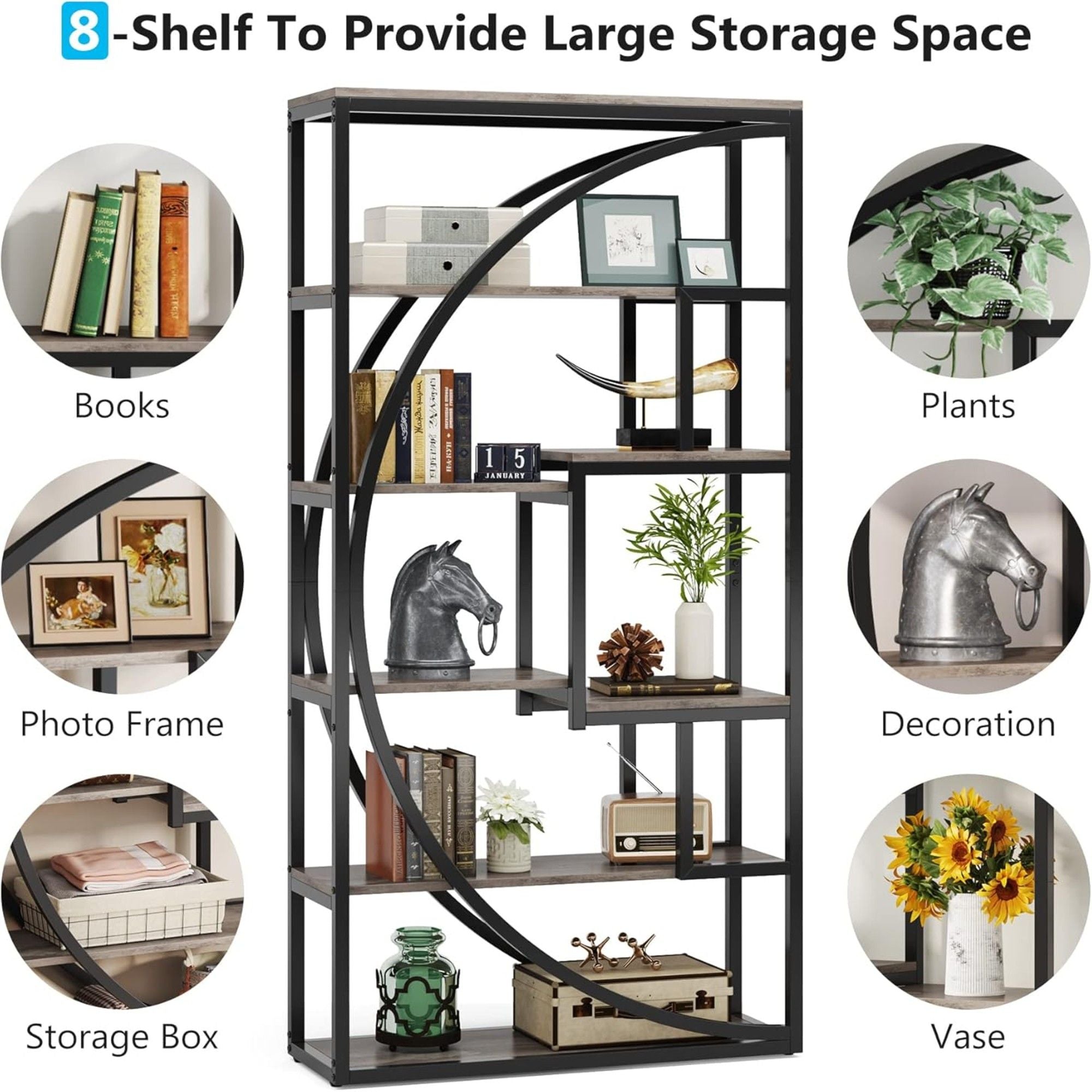 5 Tier Etagere Bookshelf With 8 Open Shelves Organizer For Living Room