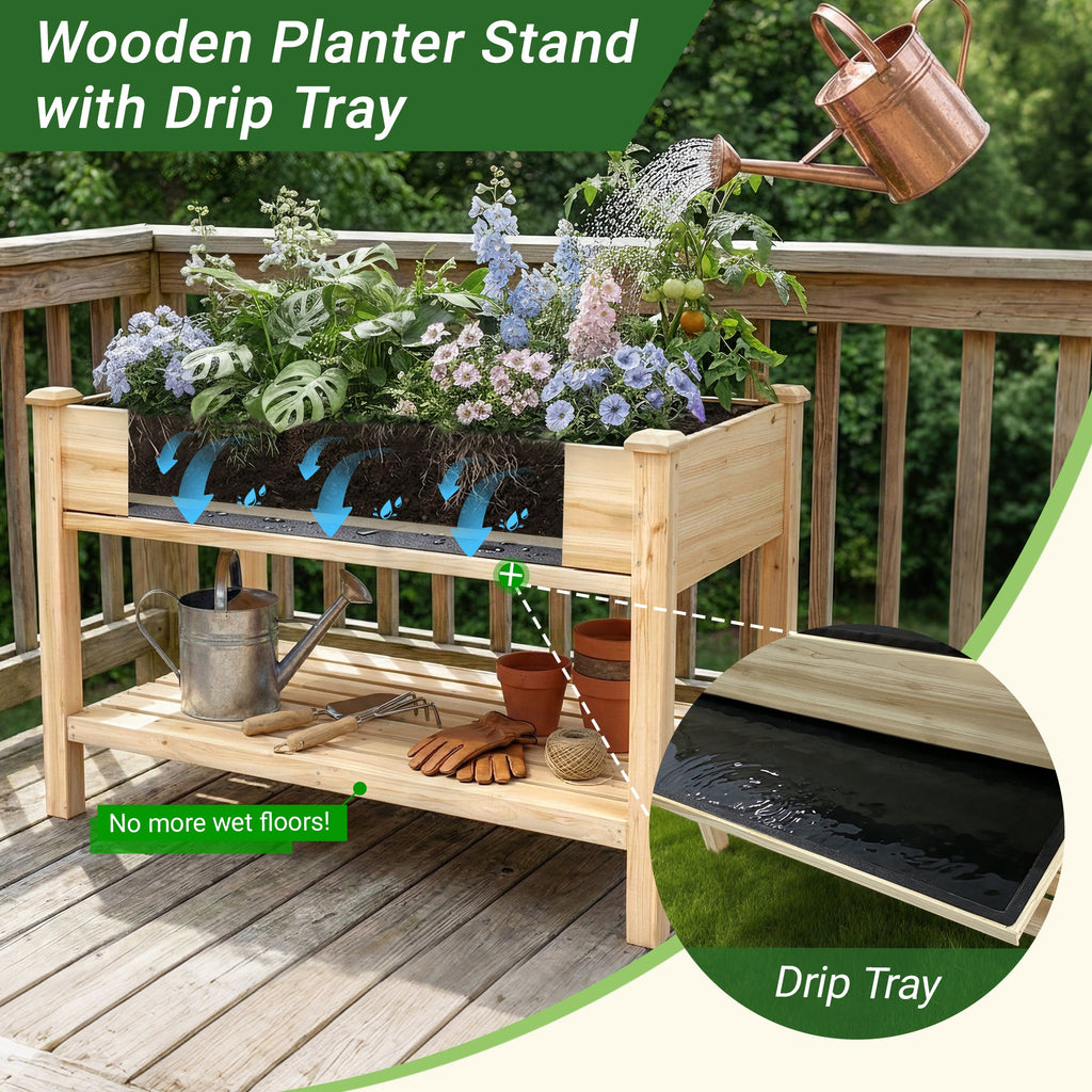 Raised Garden Bed with Water Collection Tray and Storage Shelf