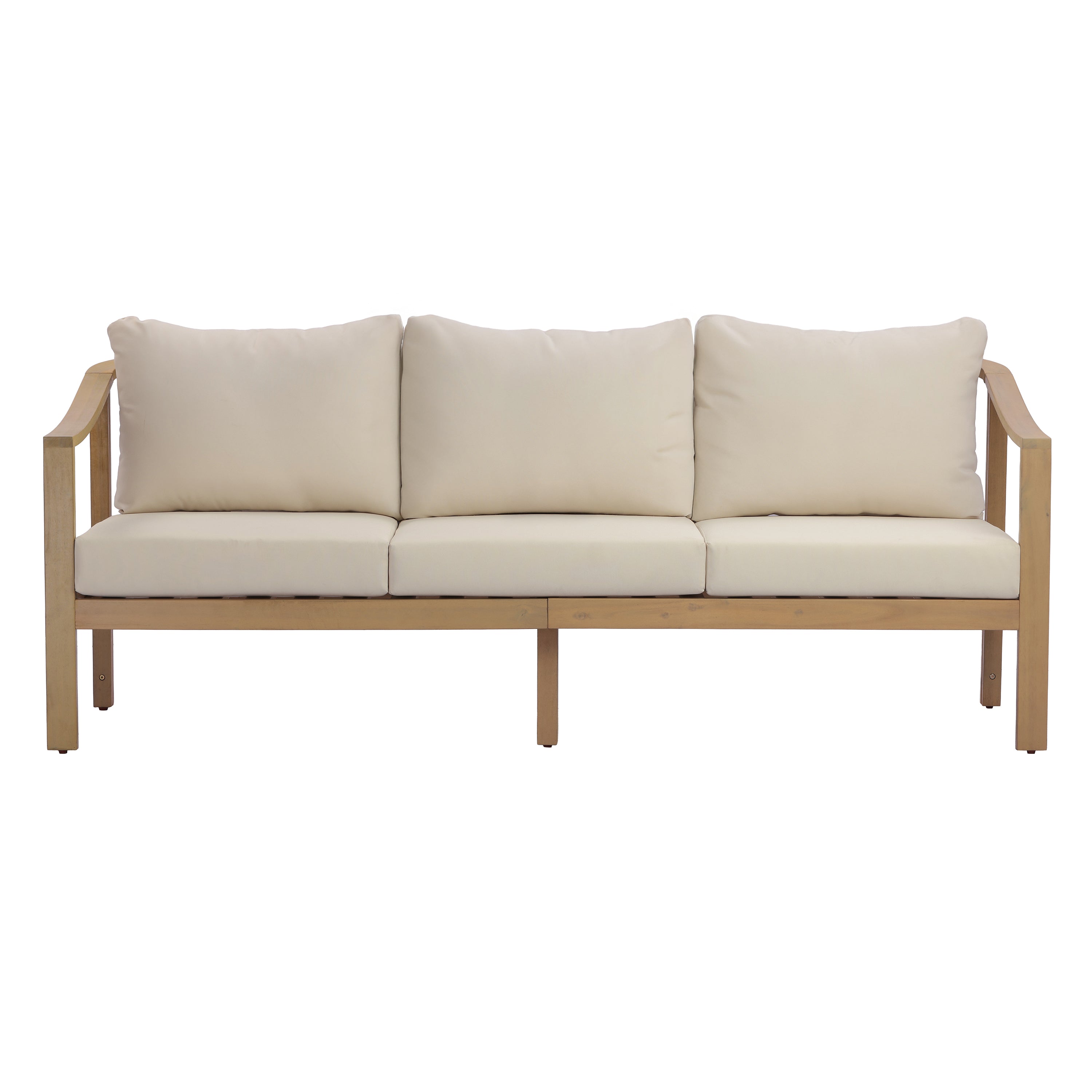 77.95" Outdoor Acacia Wood 3-Seater Sofa with Beige Cushions