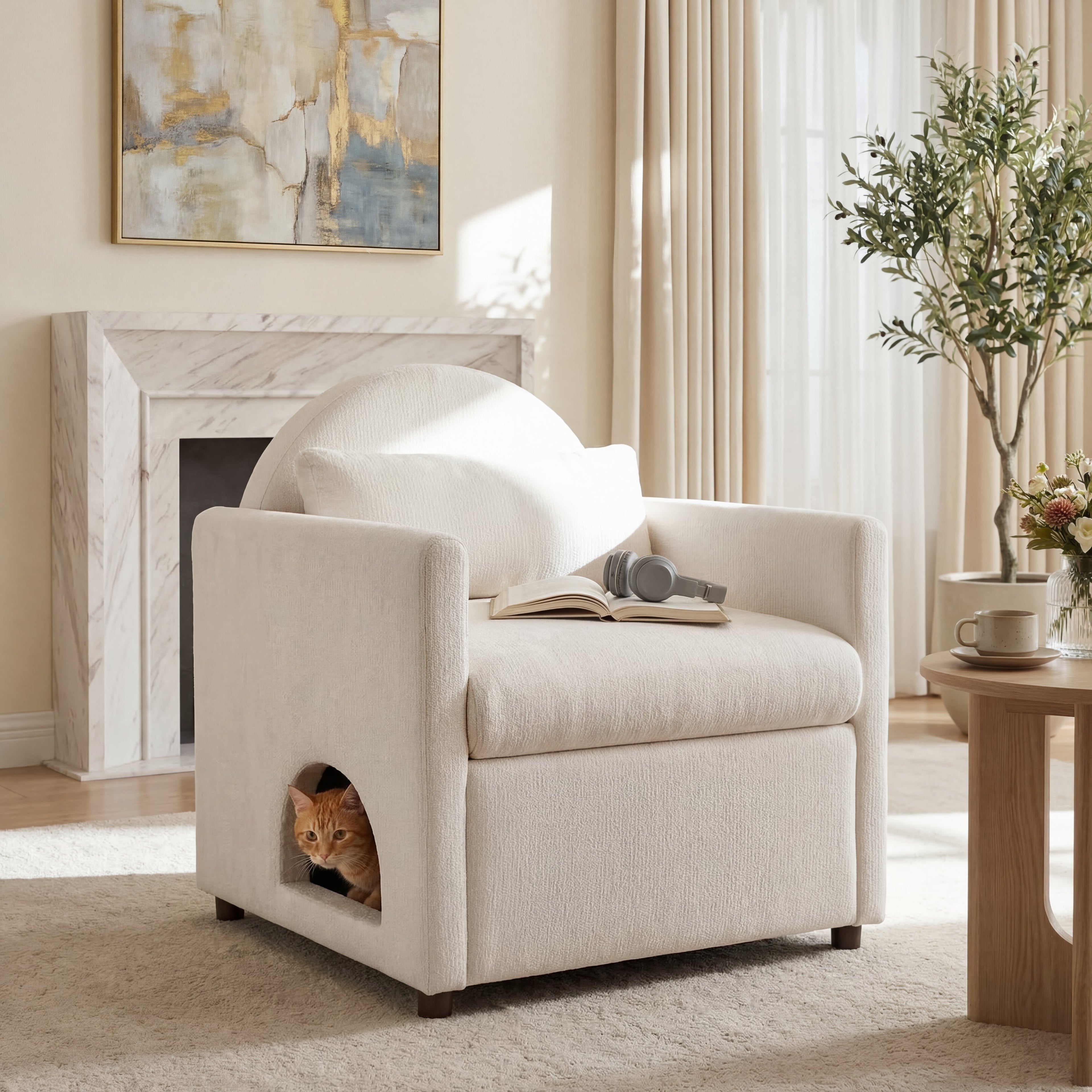 Beige Pet Friendly Accent Chair with Hidden Pet Nook