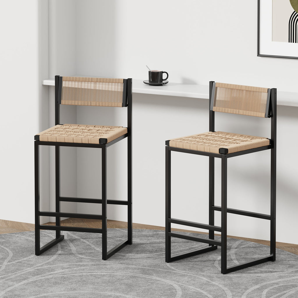 Kitchen Bar Stools with Footrest Set of 2 Paper Rope Weave Dining Chairs