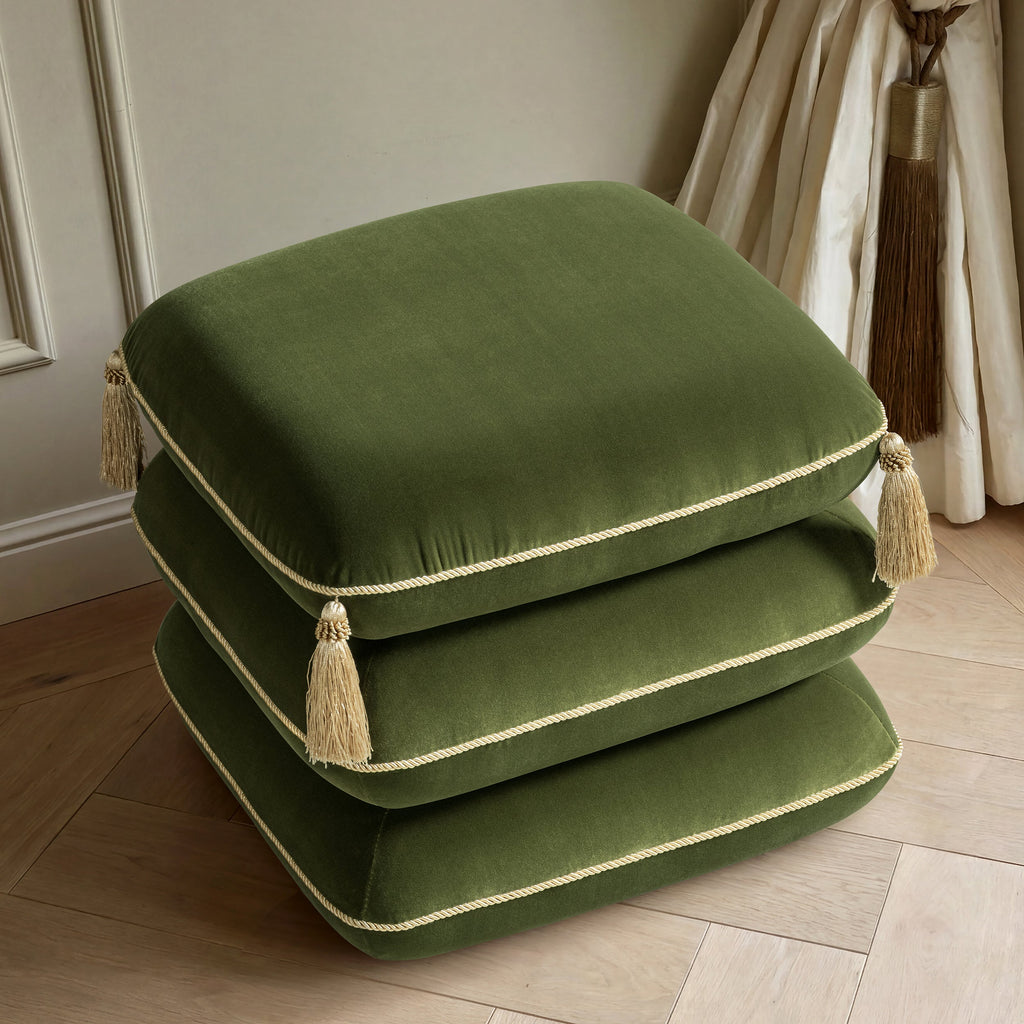 Monarch 19.5" Tassled Ottoman, Olive