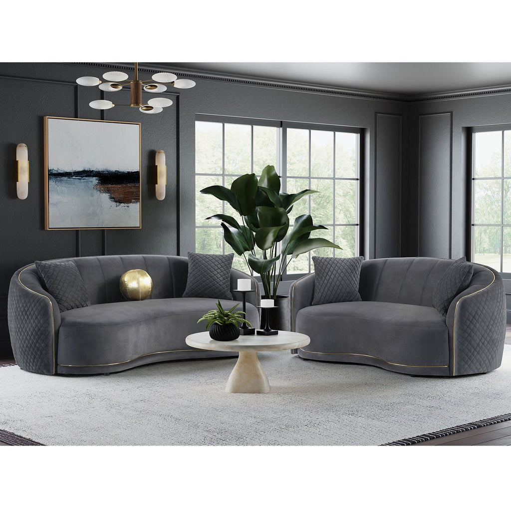 Luxe Upholstered Curved Sofa With Trim And Diamond Quilting - Dark Gray