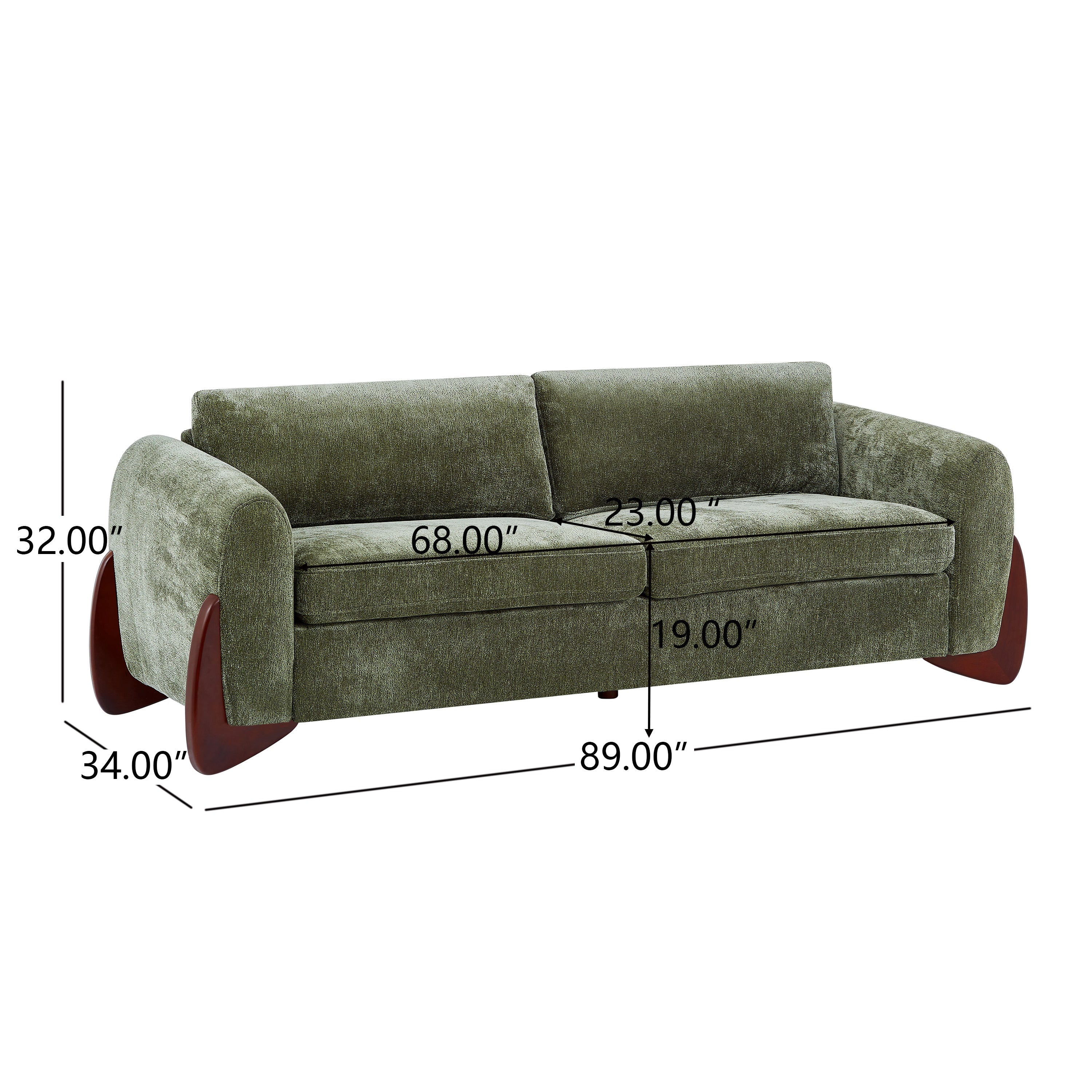 89"L Chenille Sofa with Wooden Legs – Olive