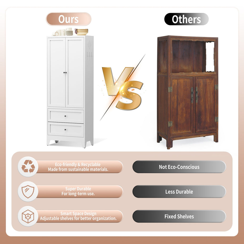 Pantry Cabinet With 2 Drawers, Freestanding Kitchen Storage Cabinet With Adjustable Shelves, Heavy-Duty Organizer For Spices, Dishware, Small Appliances - White