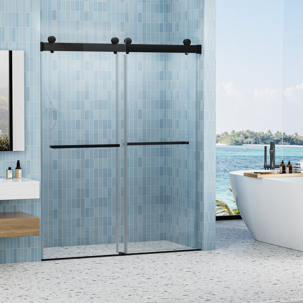 56 to 60 in. W x 76 in. H Double Sliding Frameless Soft-Close Shower Door with Premium 3/8 Inch (10mm) Thick Tampered Glass and Easy-cleaning Coating, Matte