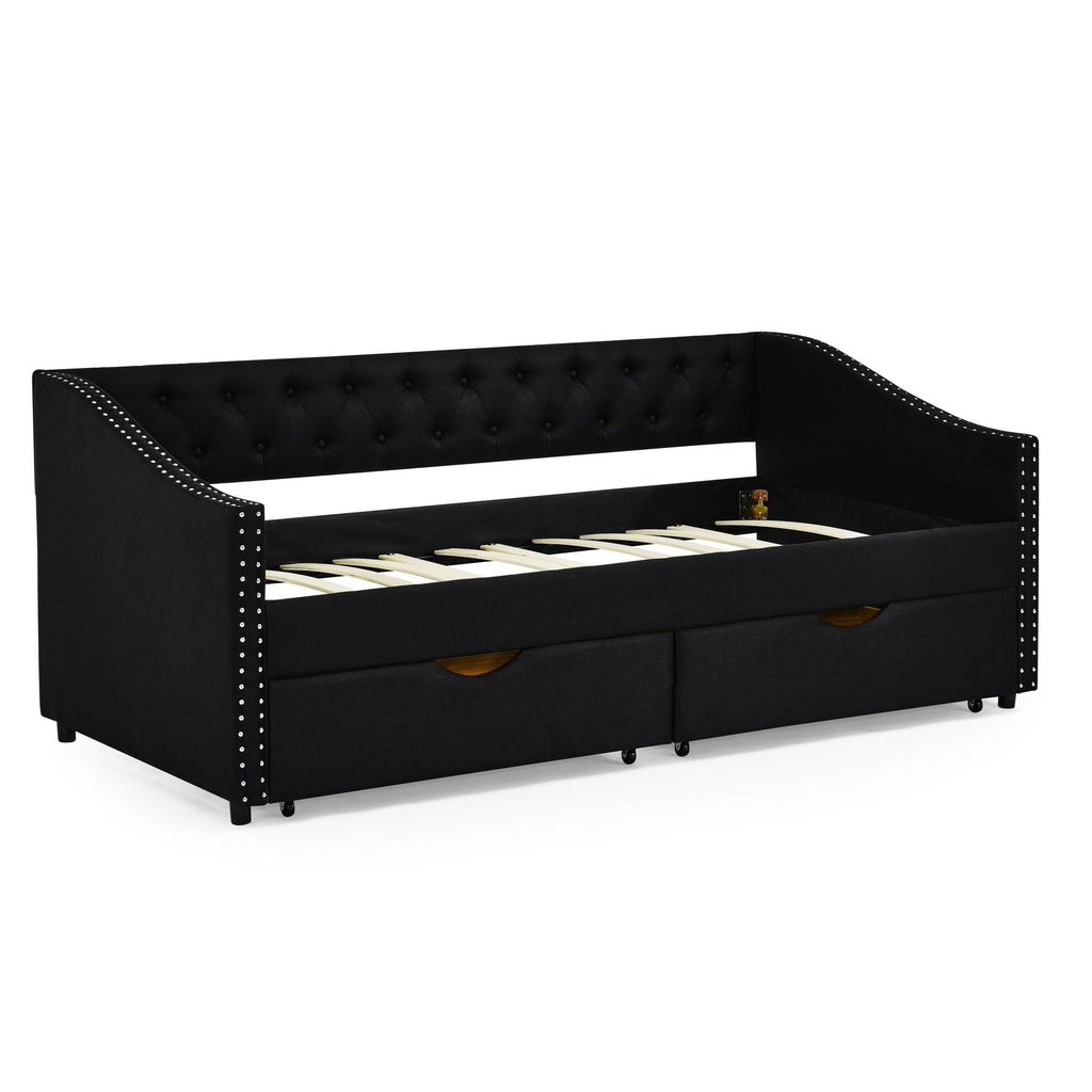 Upholstered Tufted Daybed With 2 Drawers, Waved Arms