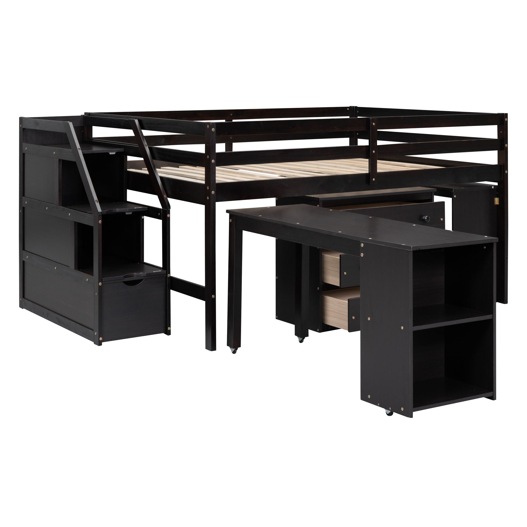 Loft Bed With Retractable Writing Desk And 3 Drawers With Storage Stairs And Shelves