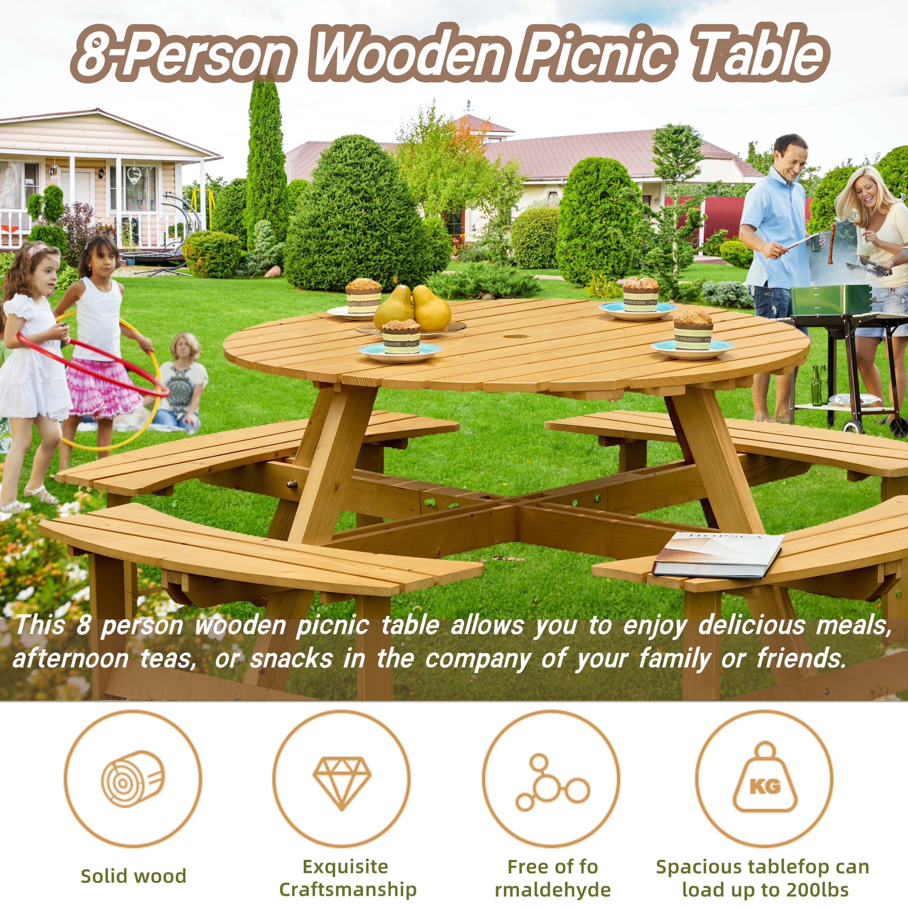 Outdoor 8 Person Picnic Table Set with Built-in Benches