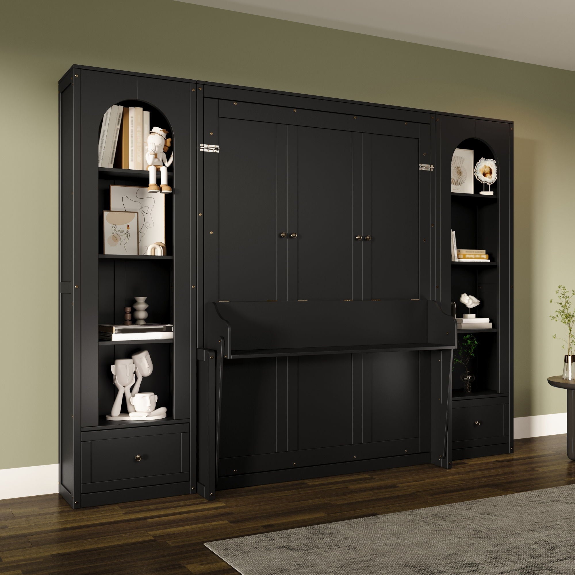 French Style Murphy Platform Bed With Shelf, Side Cabinets, Drawers And LED