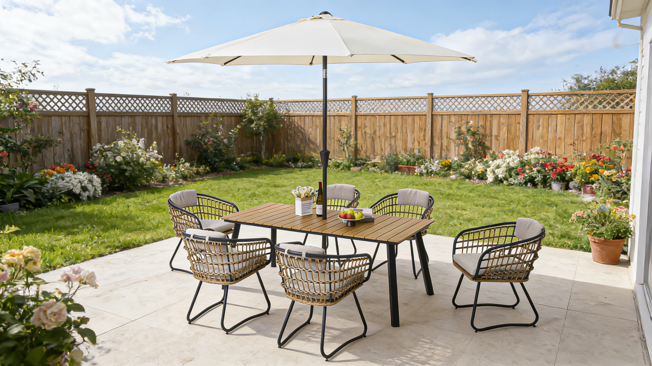 7-Piece Outdoor Wicker Dining Set with Wood-Plastic Composite Board Table