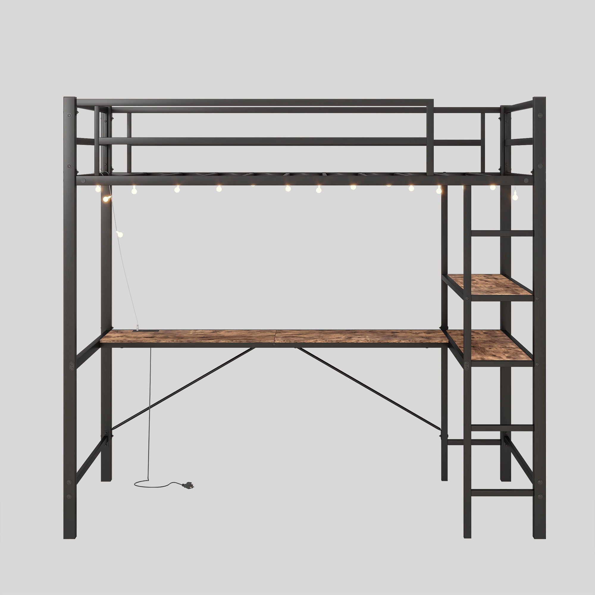 Space Saving Twin Size Loft Bed With L Shaped Desk, Shelves, Charging Station, Led Lights - Brown