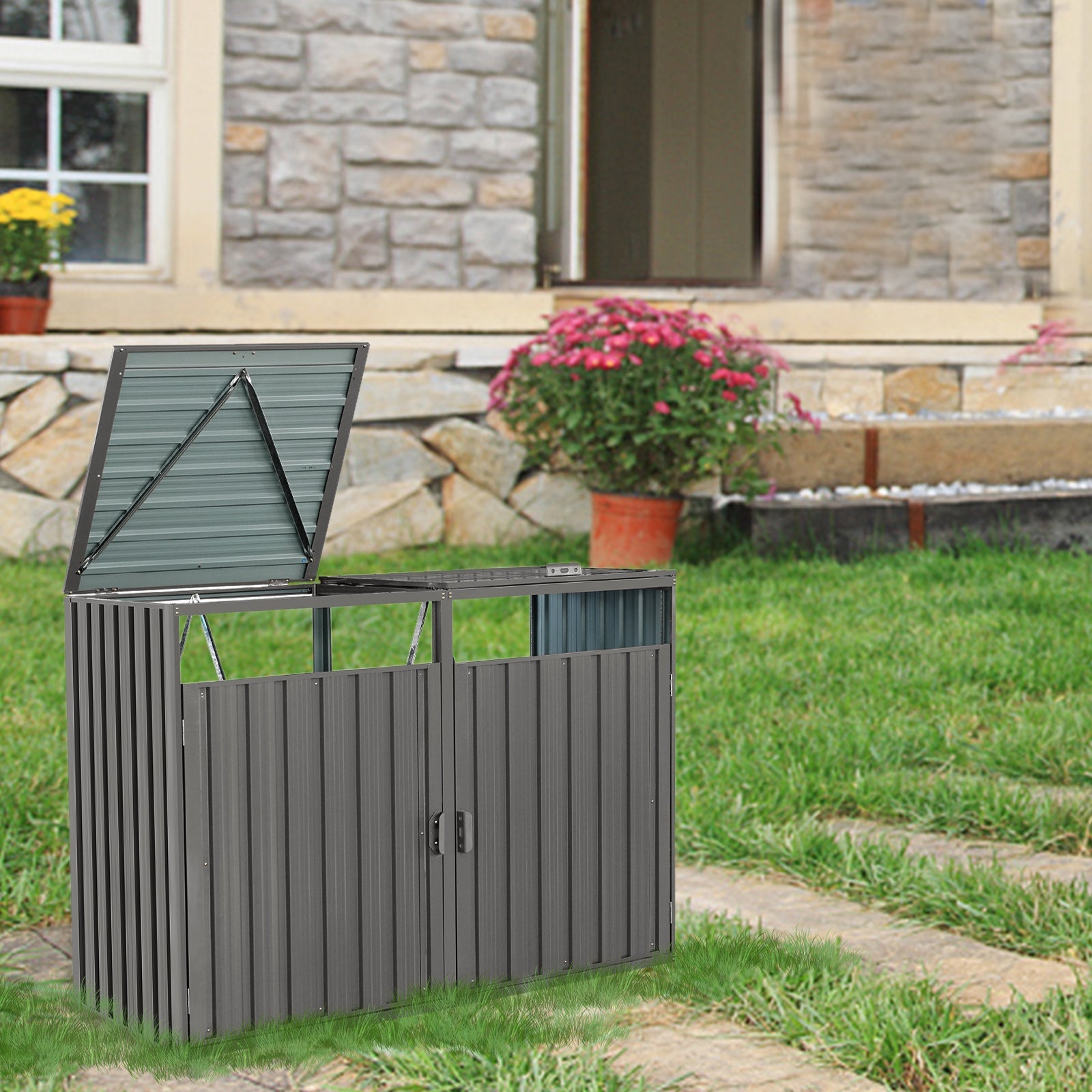 Outdoor Metal Garbage Bin Shed for Two Trash Cans