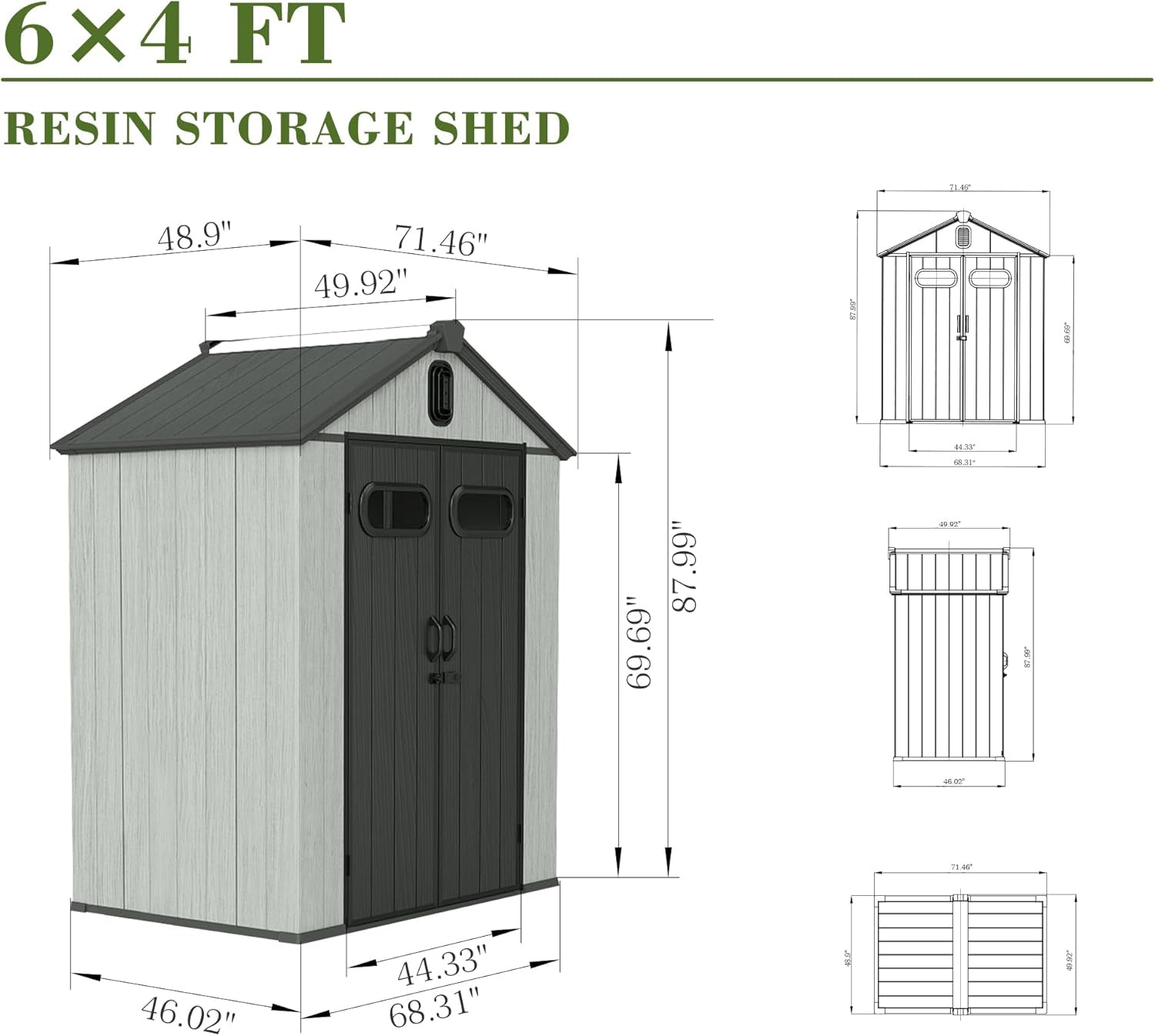 6x4FT Outdoor Resin Storage Shed with Transparent Windows & Louvered Vents