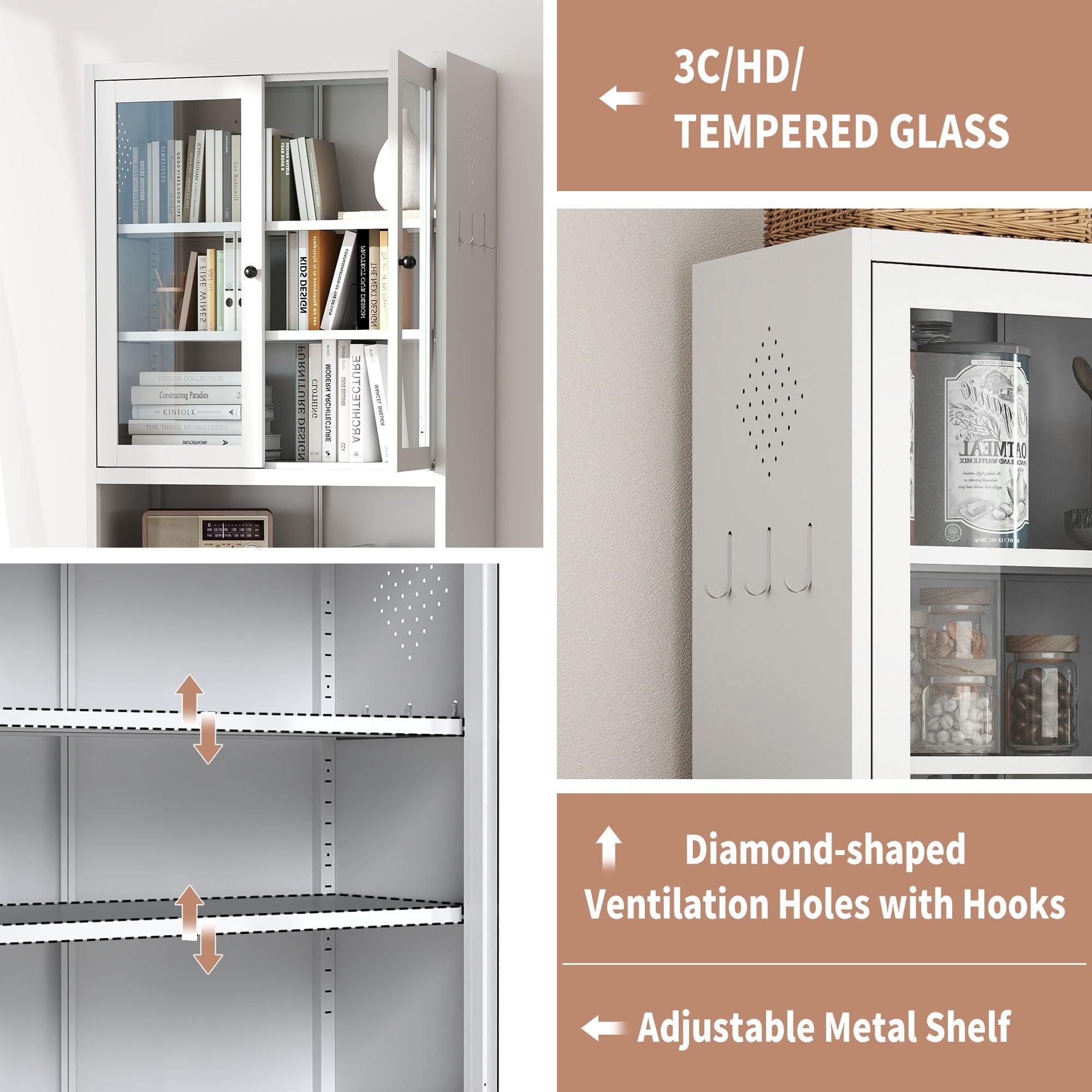 Kitchen Pantry Cabinet Tall Storage With Adjustable Shelves, Heavy Duty Stainless Steel Frame - White