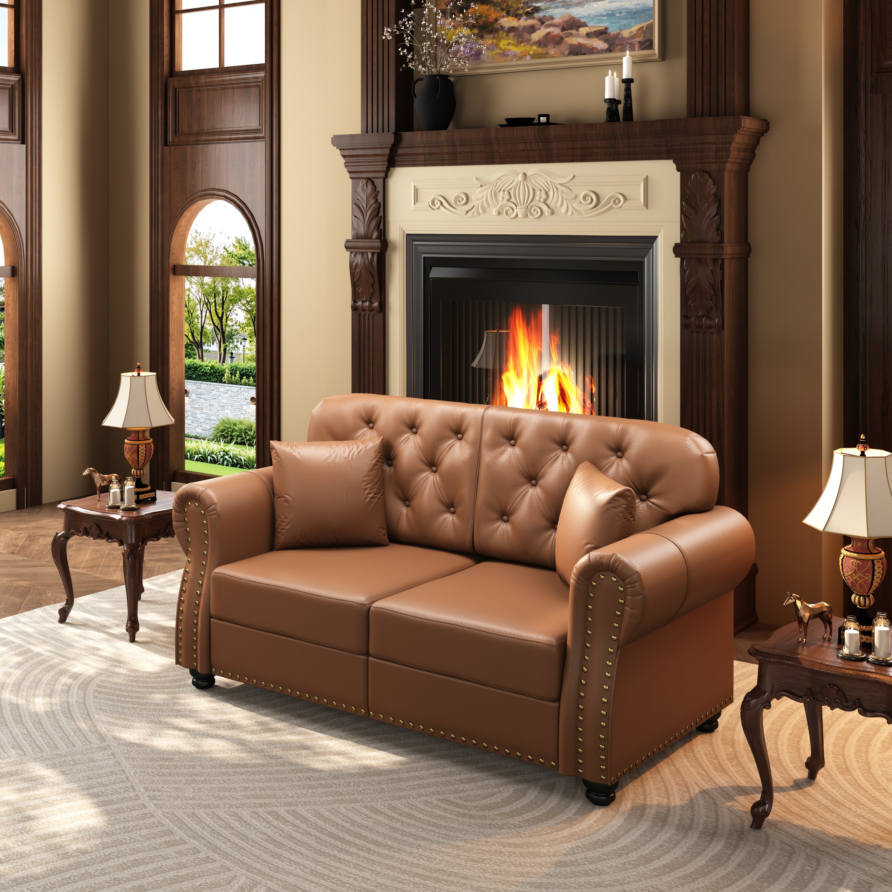 63" Upholstered Faux Leather Sofa with Nailhead Trim